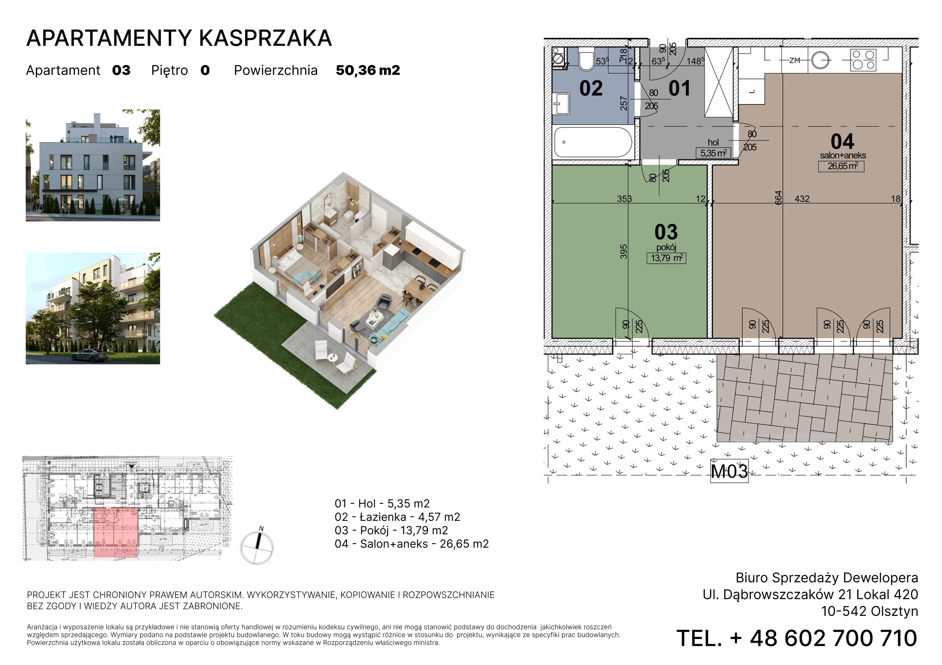2 pokoje, mieszkanie 50,36 m², parter, oferta nr 3, Apartamenty Kasprzaka, Olsztyn, ul. Kasprzaka 1