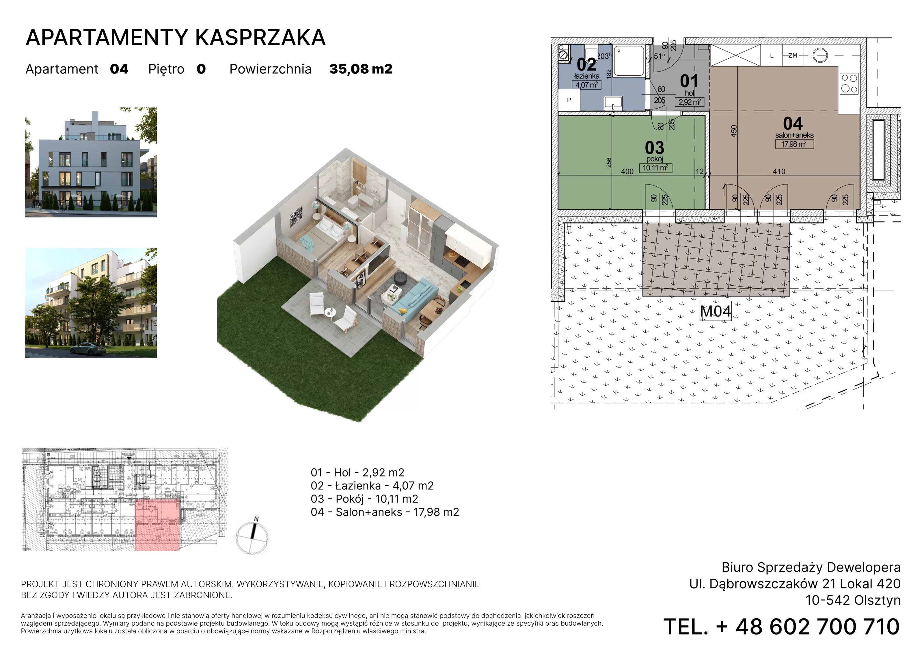 2 pokoje, mieszkanie 35,08 m², parter, oferta nr 4, Apartamenty Kasprzaka, Olsztyn, ul. Kasprzaka 1