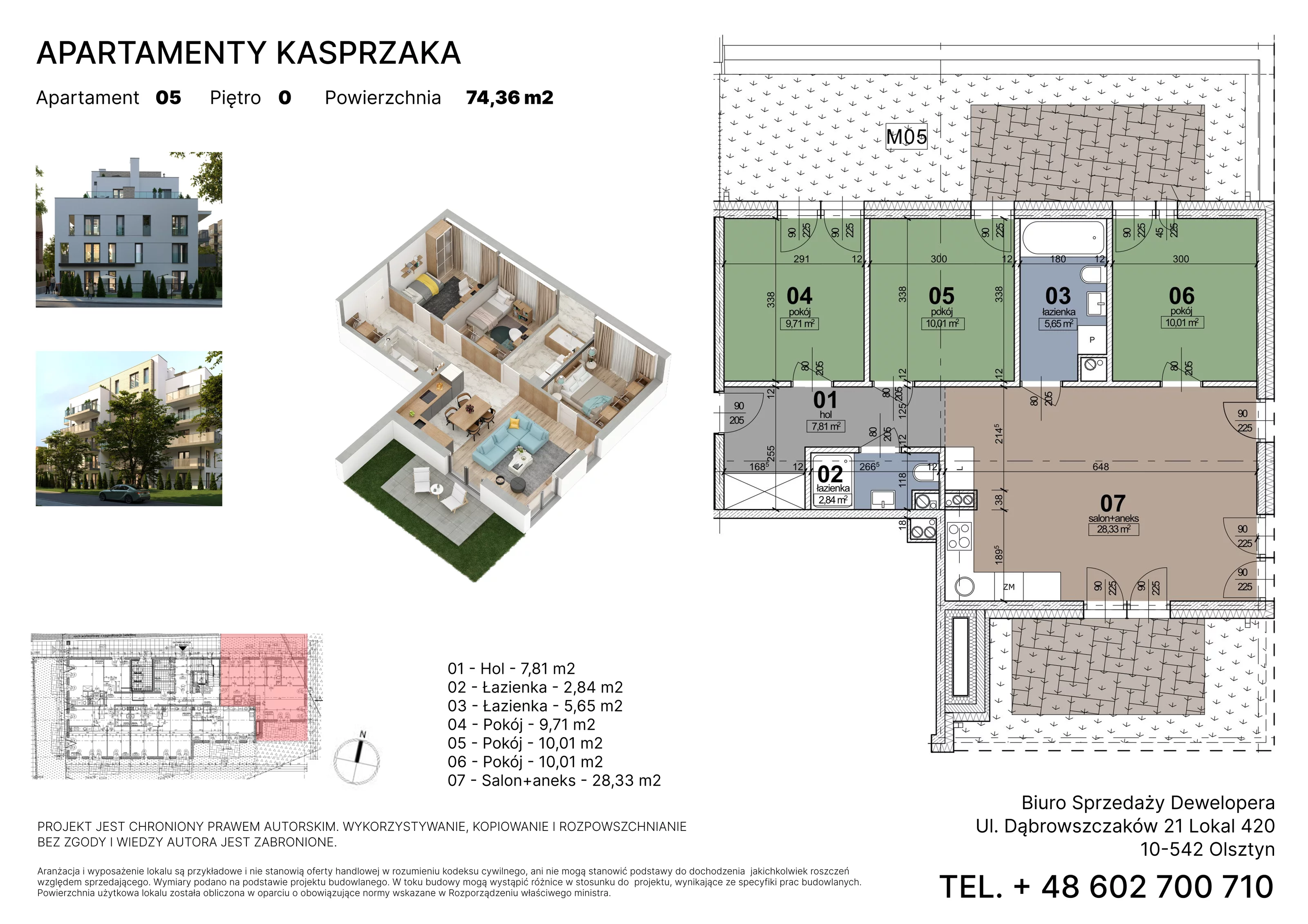 4 pokoje, mieszkanie 74,36 m², parter, oferta nr 5, Apartamenty Kasprzaka, Olsztyn, ul. Kasprzaka 1