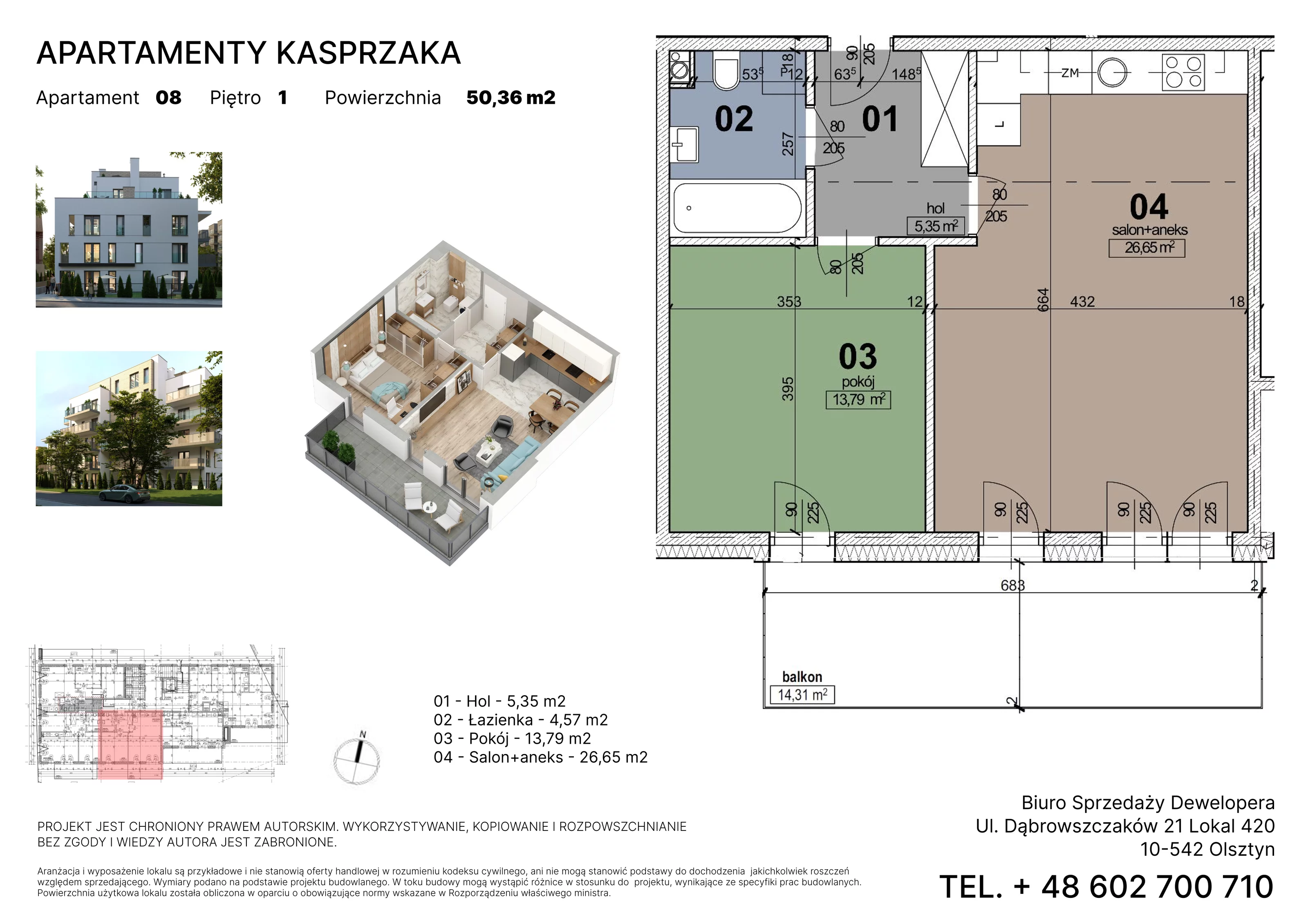 2 pokoje, mieszkanie 50,36 m², piętro 1, oferta nr 8, Apartamenty Kasprzaka, Olsztyn, ul. Kasprzaka 1