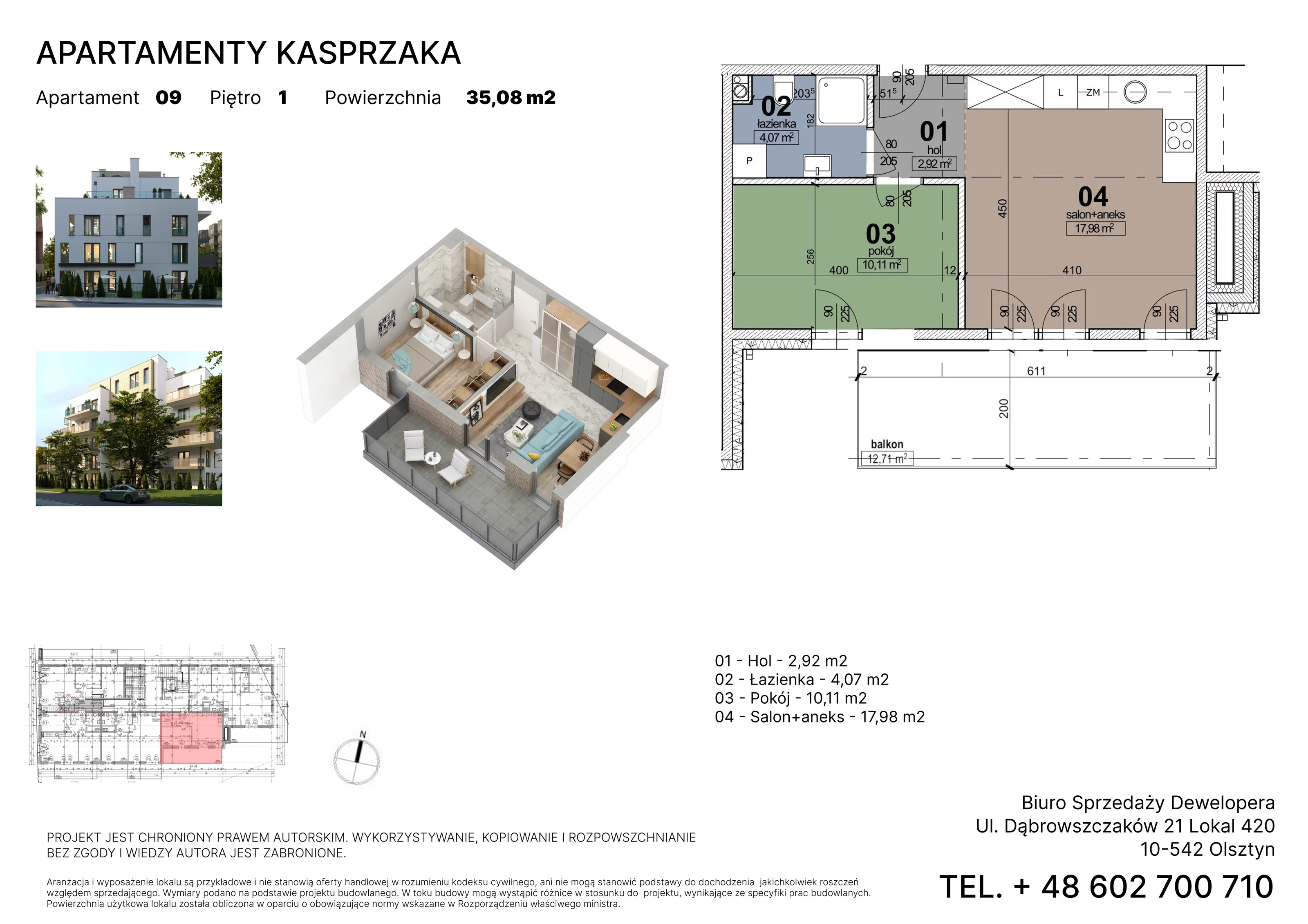 2 pokoje, mieszkanie 35,08 m², piętro 1, oferta nr 9, Apartamenty Kasprzaka, Olsztyn, ul. Kasprzaka 1