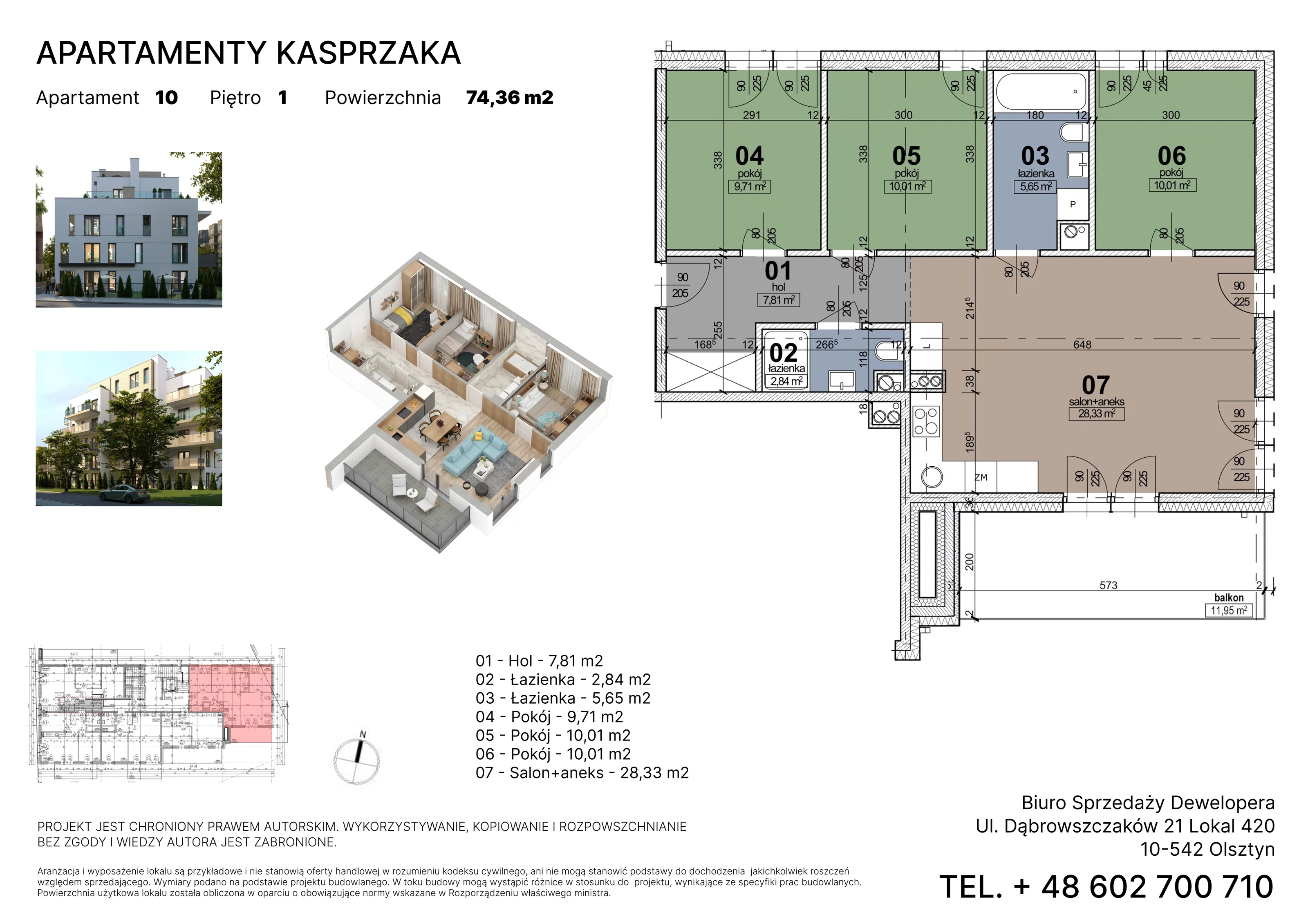 4 pokoje, mieszkanie 74,36 m², piętro 1, oferta nr 10, Apartamenty Kasprzaka, Olsztyn, ul. Kasprzaka 1