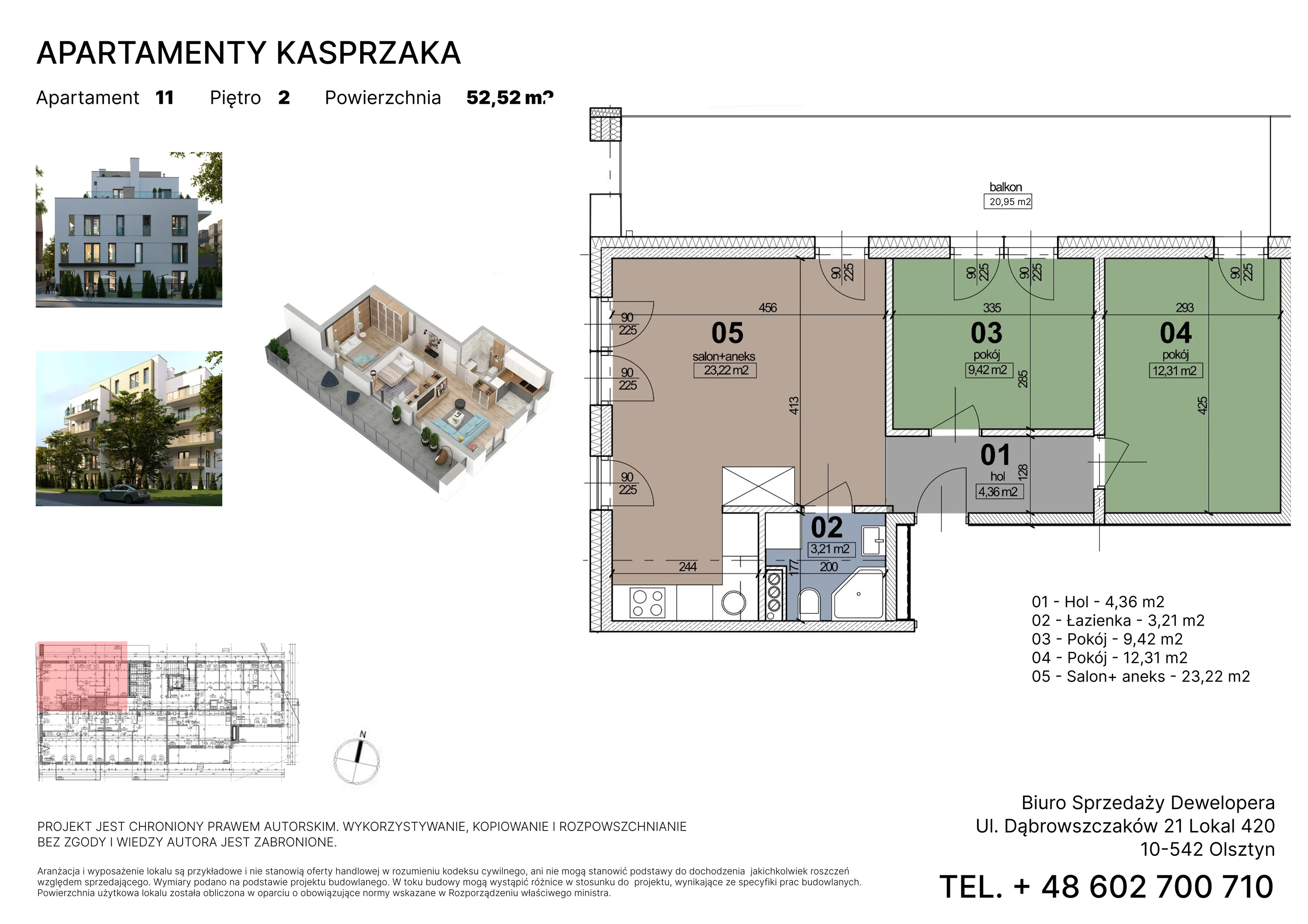 3 pokoje, mieszkanie 52,52 m², piętro 2, oferta nr 11, Apartamenty Kasprzaka, Olsztyn, ul. Kasprzaka 1