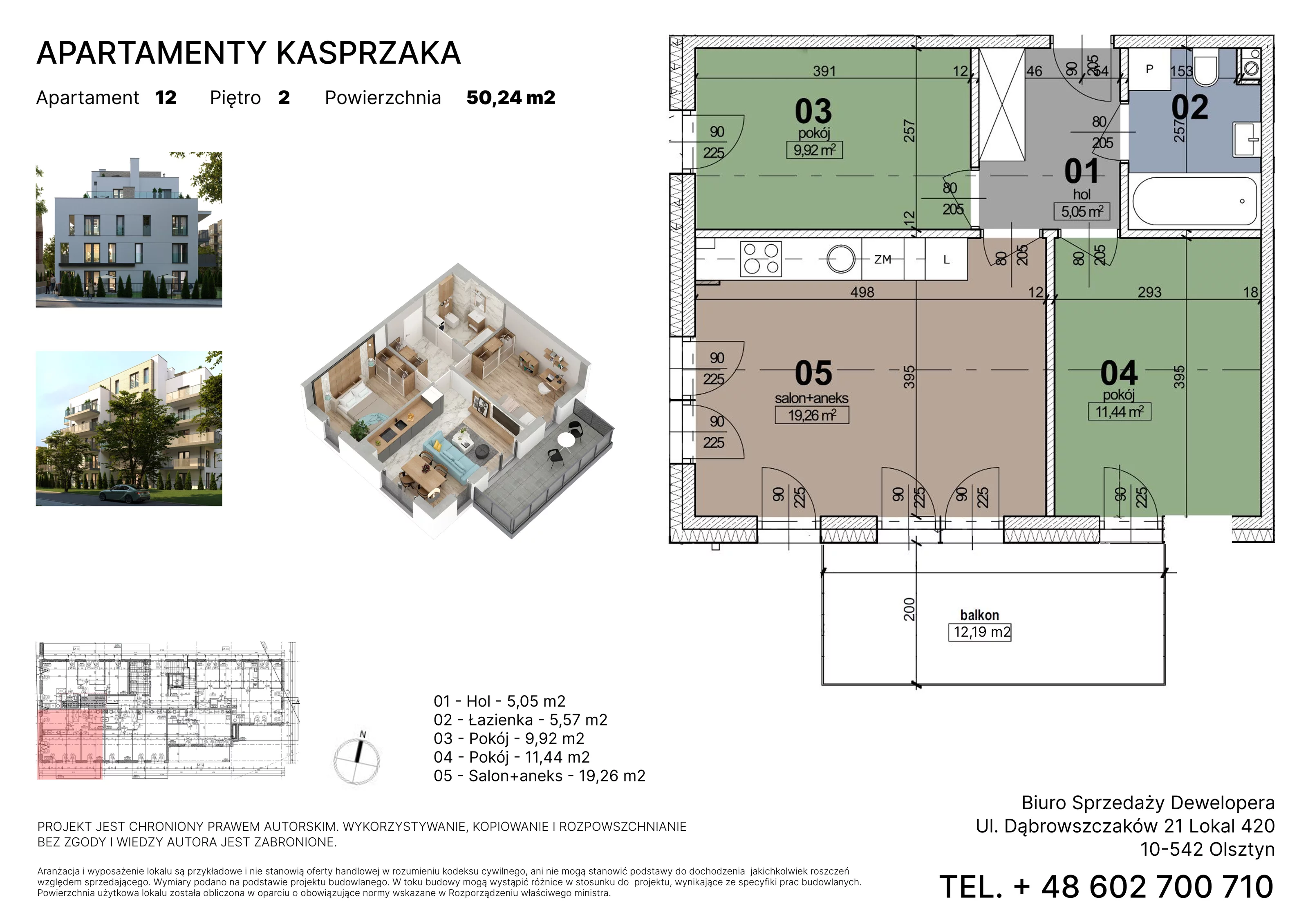 3 pokoje, mieszkanie 50,24 m², piętro 2, oferta nr 12, Apartamenty Kasprzaka, Olsztyn, ul. Kasprzaka 1