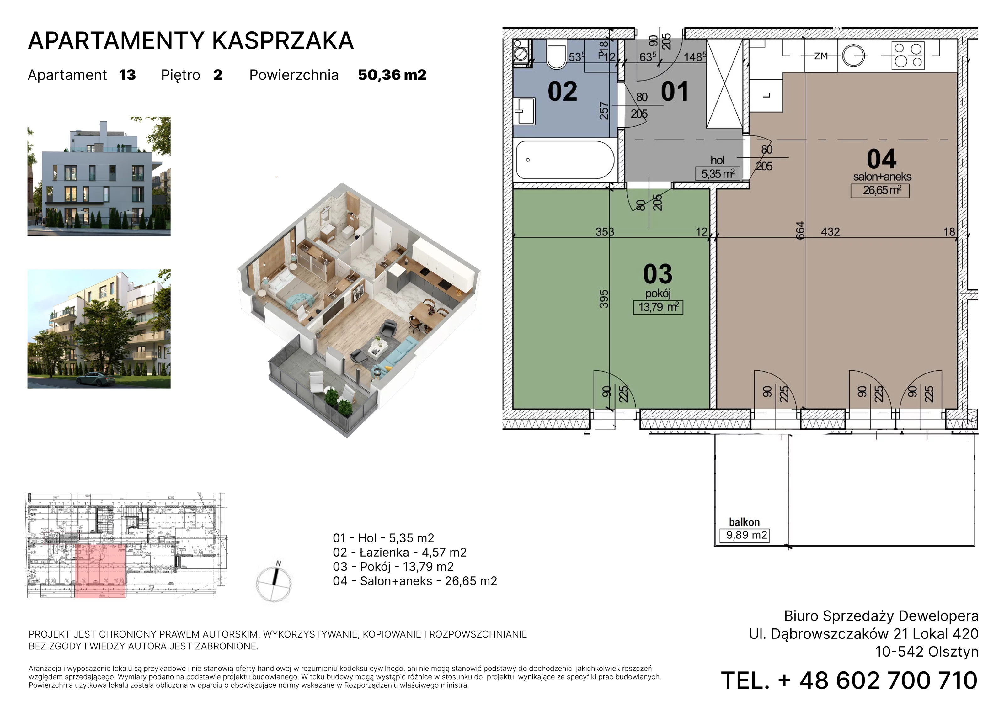 2 pokoje, mieszkanie 50,36 m², piętro 2, oferta nr 13, Apartamenty Kasprzaka, Olsztyn, ul. Kasprzaka 1