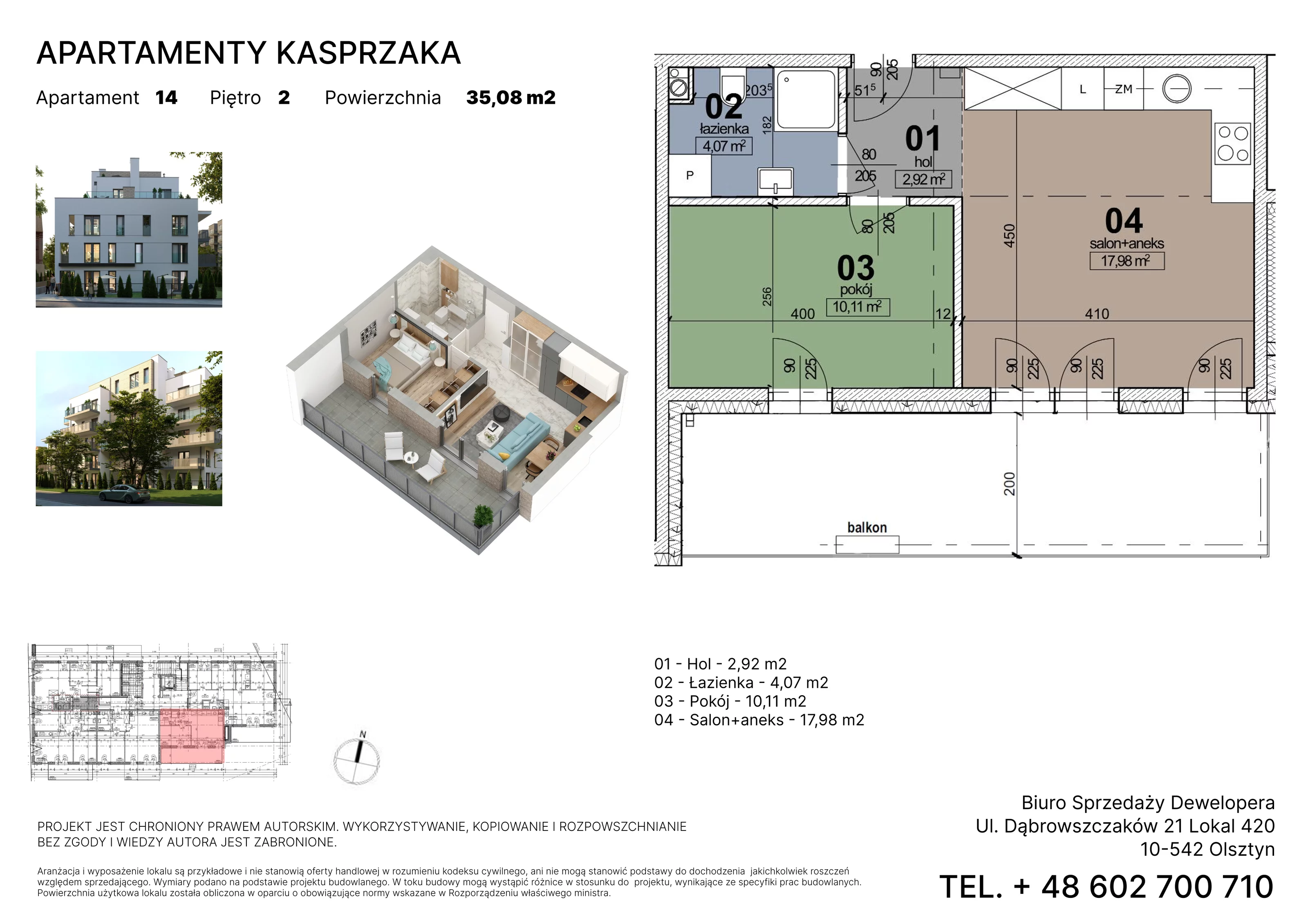 2 pokoje, mieszkanie 35,08 m², piętro 2, oferta nr 14, Apartamenty Kasprzaka, Olsztyn, ul. Kasprzaka 1