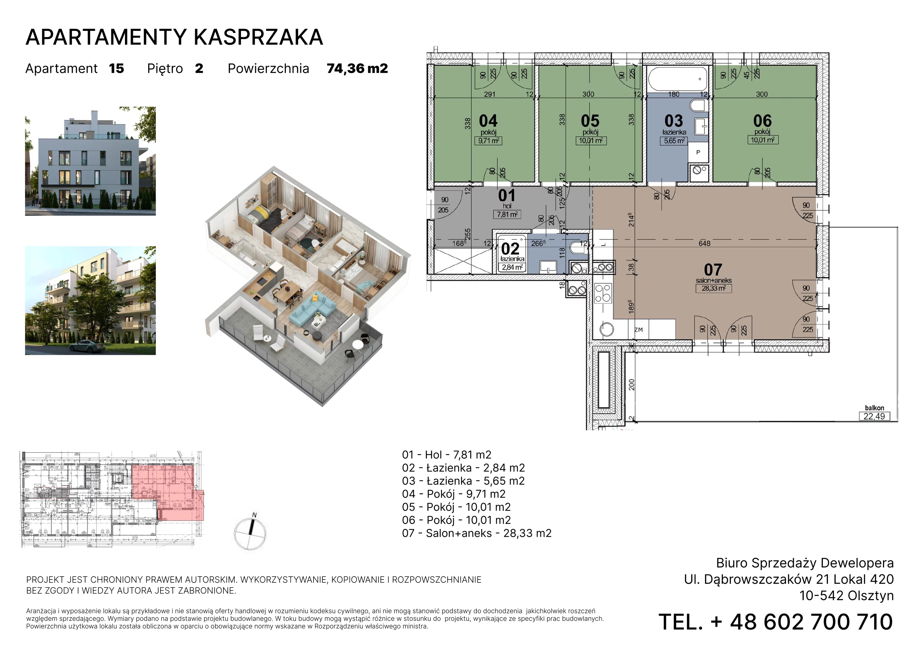 4 pokoje, mieszkanie 74,36 m², piętro 2, oferta nr 15, Apartamenty Kasprzaka, Olsztyn, ul. Kasprzaka 1