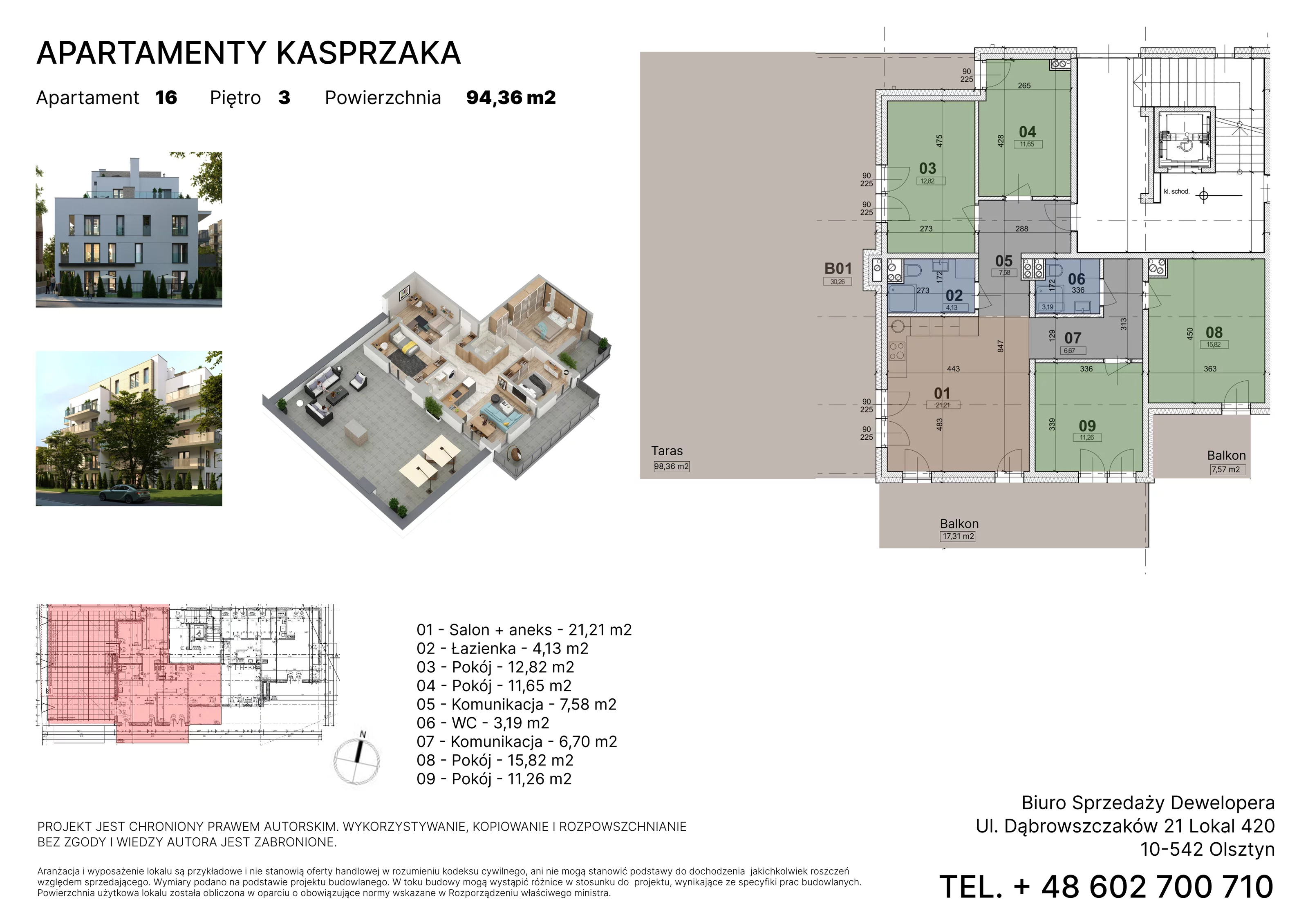 4 pokoje, mieszkanie 94,36 m², piętro 3, oferta nr 16, Apartamenty Kasprzaka, Olsztyn, ul. Kasprzaka 1