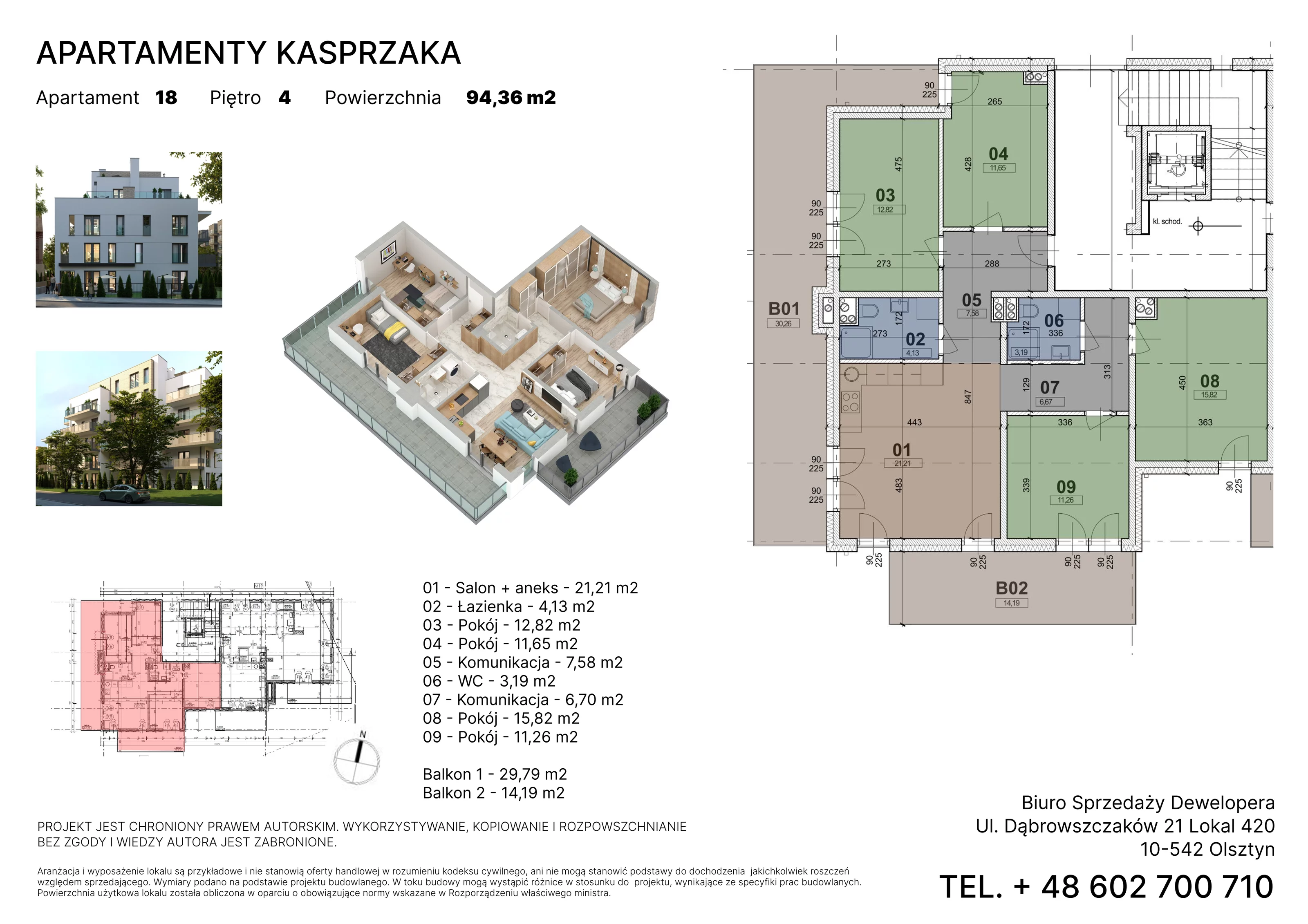 4 pokoje, mieszkanie 94,36 m², piętro 4, oferta nr 18, Apartamenty Kasprzaka, Olsztyn, ul. Kasprzaka 1