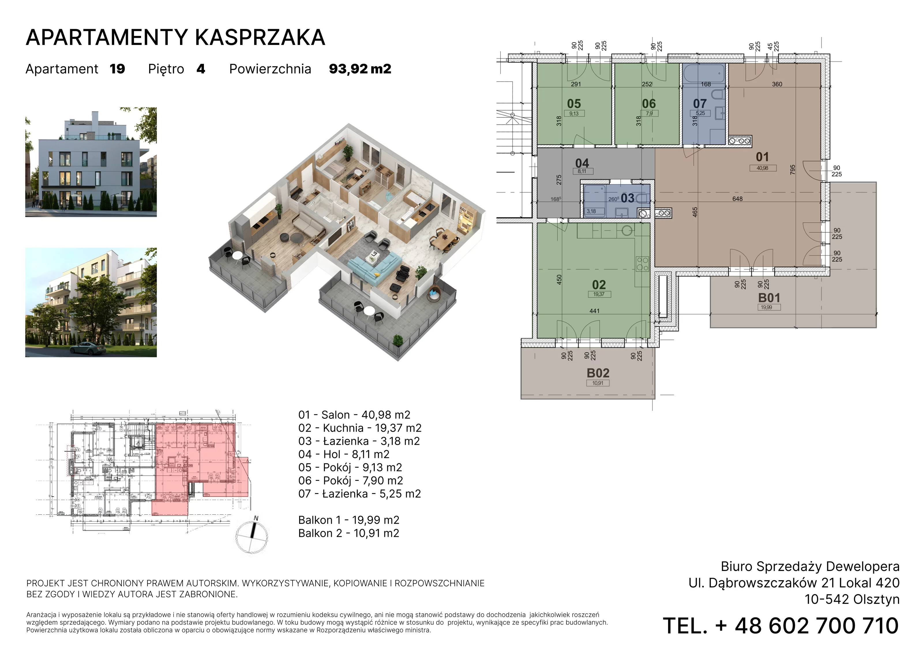 4 pokoje, mieszkanie 93,92 m², piętro 4, oferta nr 19, Apartamenty Kasprzaka, Olsztyn, ul. Kasprzaka 1