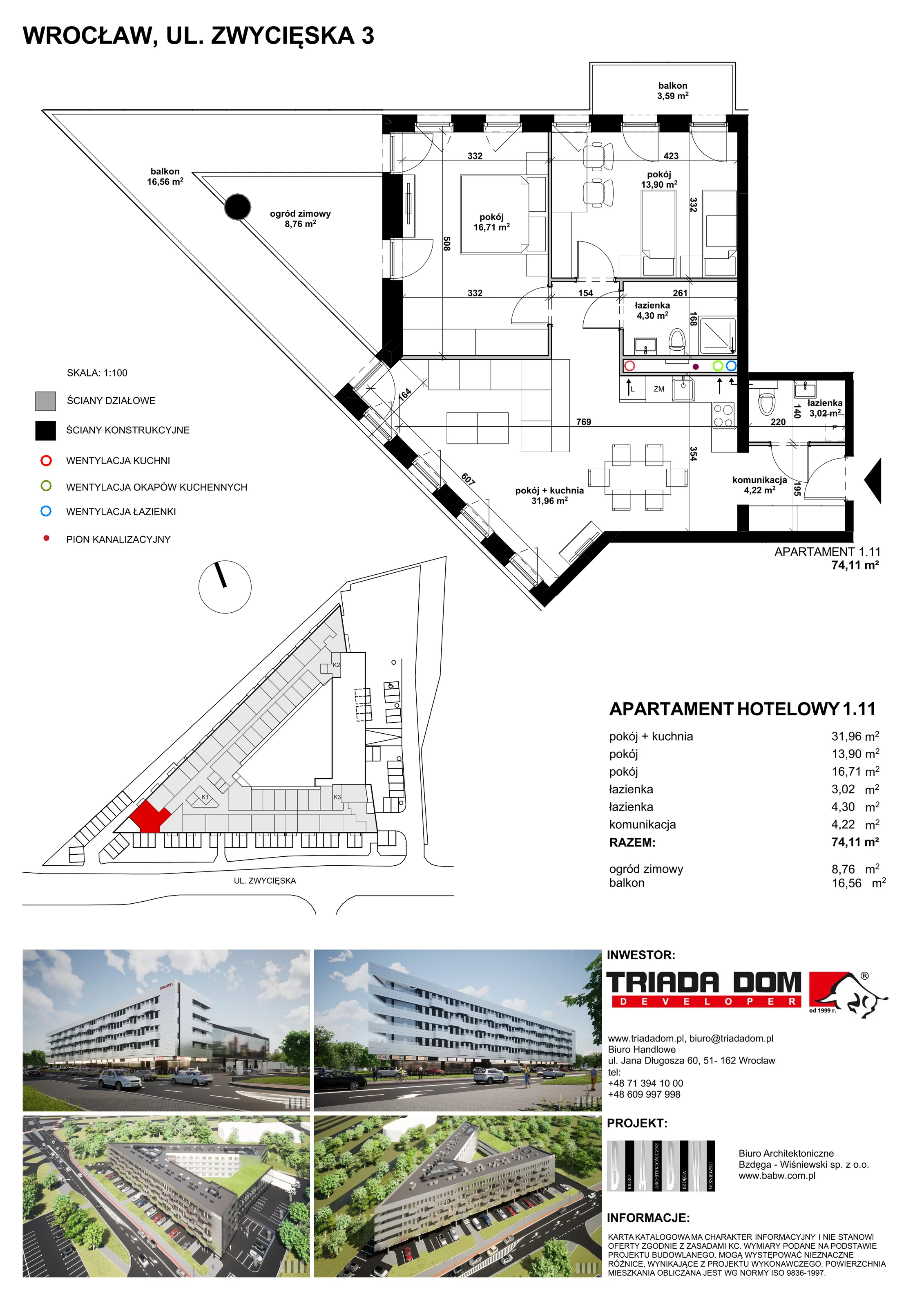 3 pokoje, apartament inwestycyjny 74,81 m², piętro 1, oferta nr 1/11, Apartamentowiec Zwycięska 3, Wrocław, Krzyki-Partynice, Krzyki, ul. Zwycięska 3