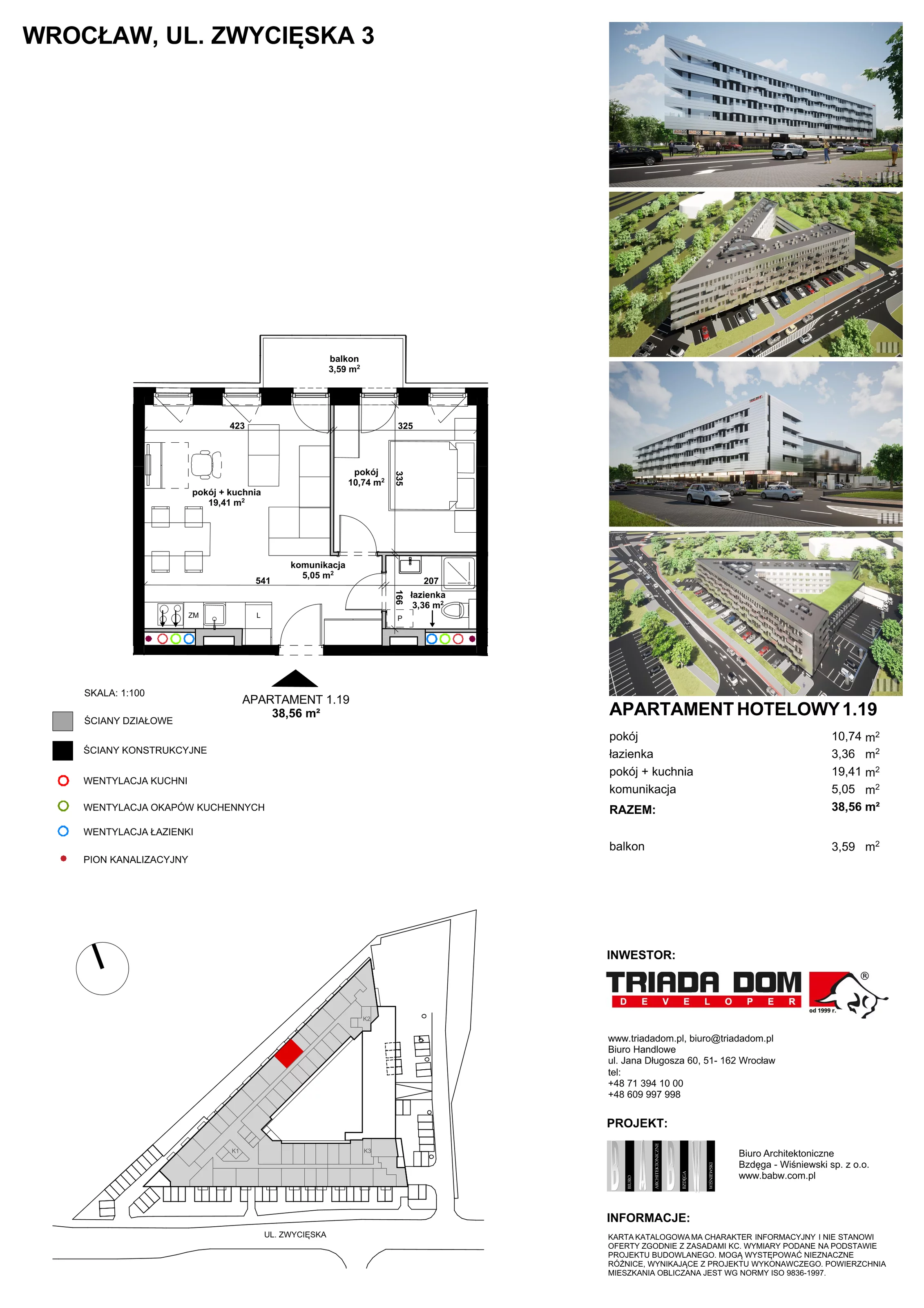 Apartament inwestycyjny 38,65 m², piętro 1, oferta nr 1/19, Apartamentowiec Zwycięska 3, Wrocław, Krzyki-Partynice, Krzyki, ul. Zwycięska 3