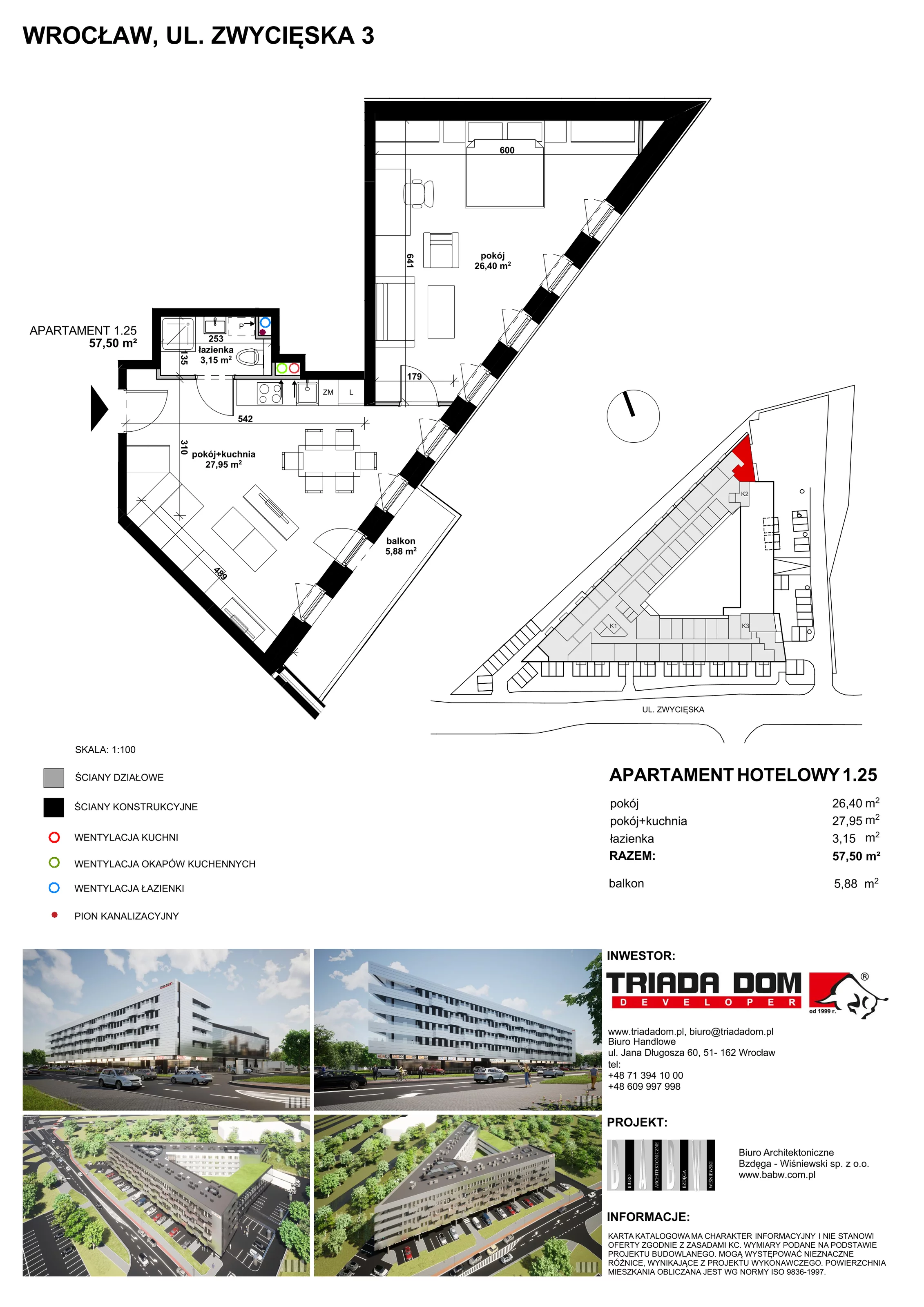 Apartament inwestycyjny 57,41 m², piętro 1, oferta nr 1/25, Apartamentowiec Zwycięska 3, Wrocław, Krzyki-Partynice, Krzyki, ul. Zwycięska 3