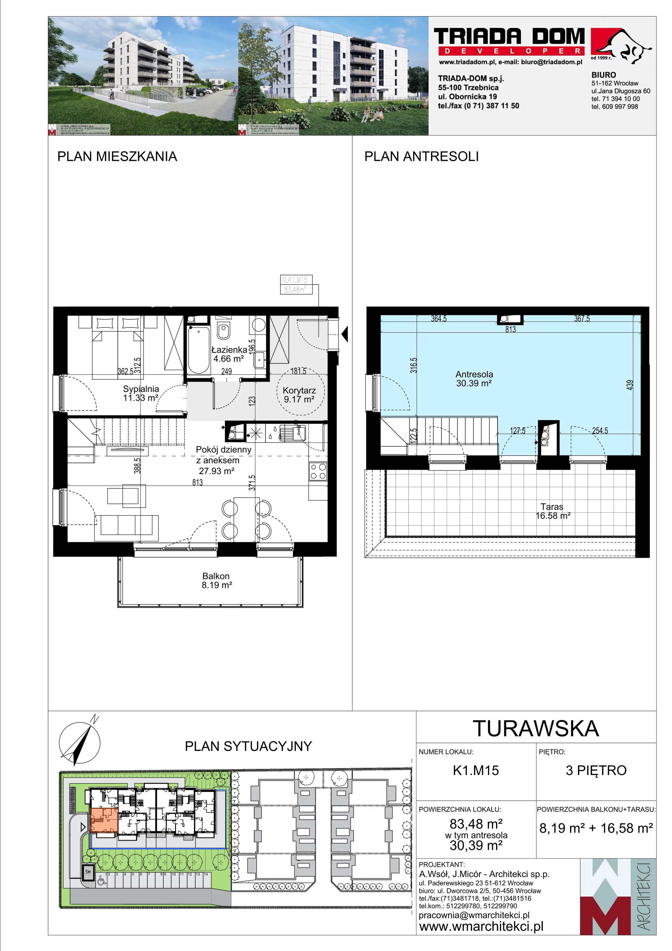 Mieszkanie 83,48 m², piętro 3, oferta nr K1.M15, Ogrody Turawska, Wrocław, Księże, Krzyki, ul. Turawska 78