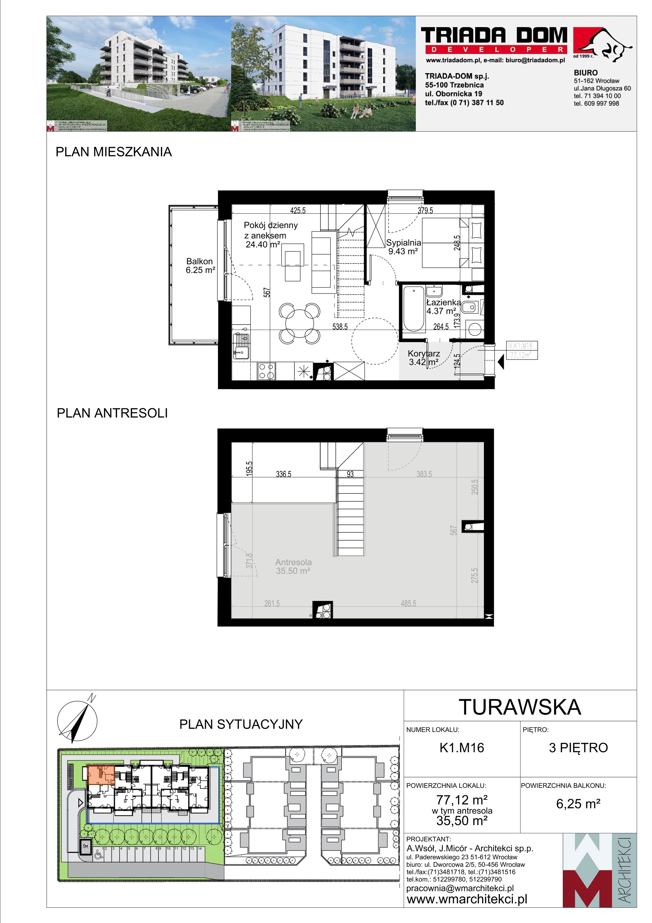 3 pokoje, mieszkanie 77,12 m², piętro 3, oferta nr K1.M16, Ogrody Turawska, Wrocław, Księże, Krzyki, ul. Turawska 78