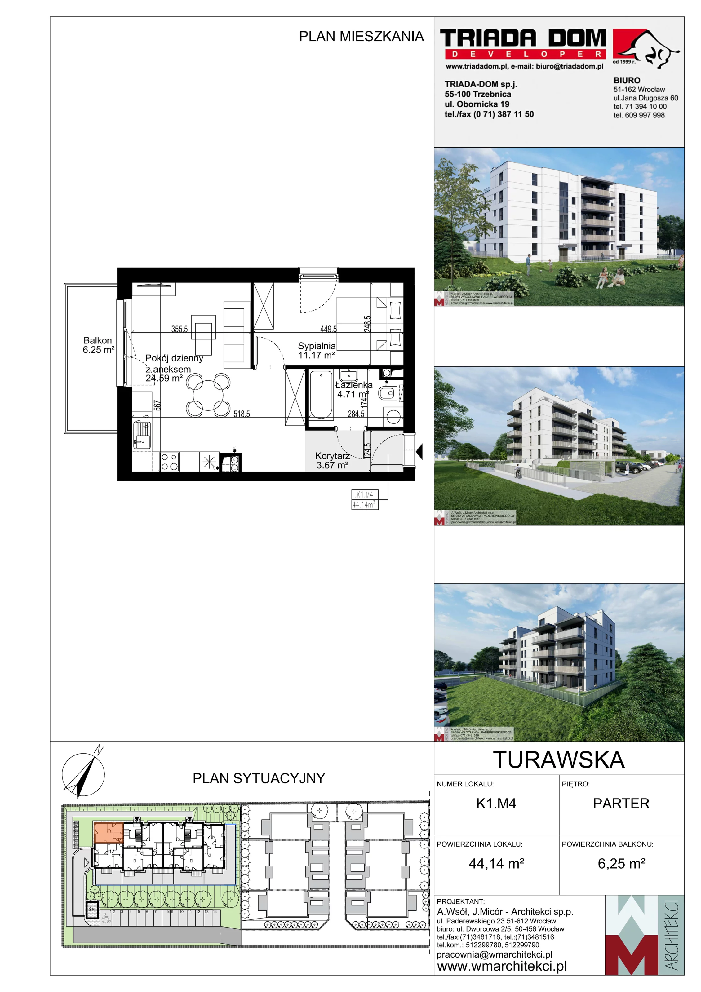 Mieszkanie 44,14 m², parter, oferta nr K1.M4, Ogrody Turawska, Wrocław, Księże, Krzyki, ul. Turawska 78
