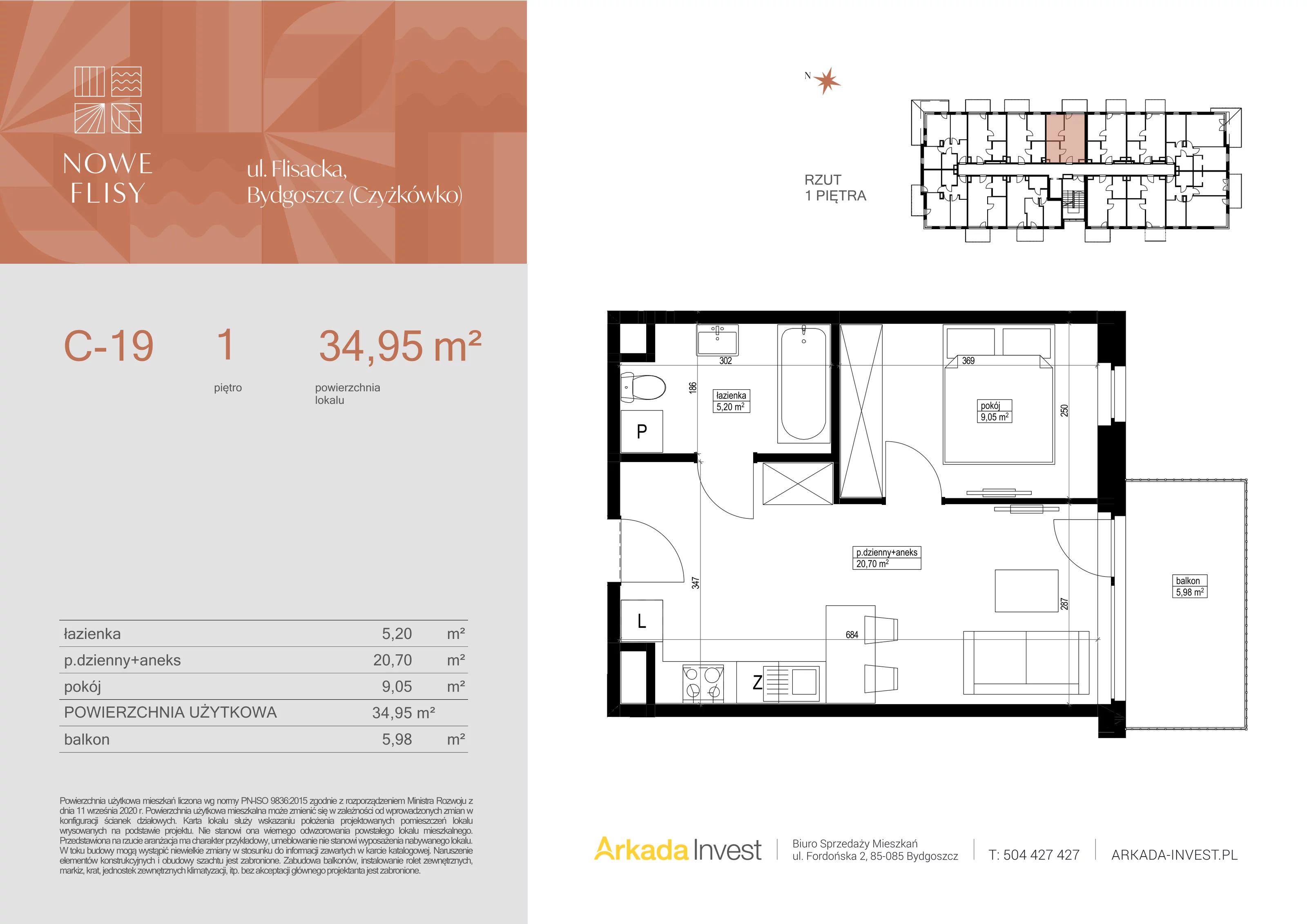 2 pokoje, mieszkanie 34,95 m², piętro 1, oferta nr C19, Nowe Flisy - Etap II, Bydgoszcz, Czyżkówko, ul. Flisacka