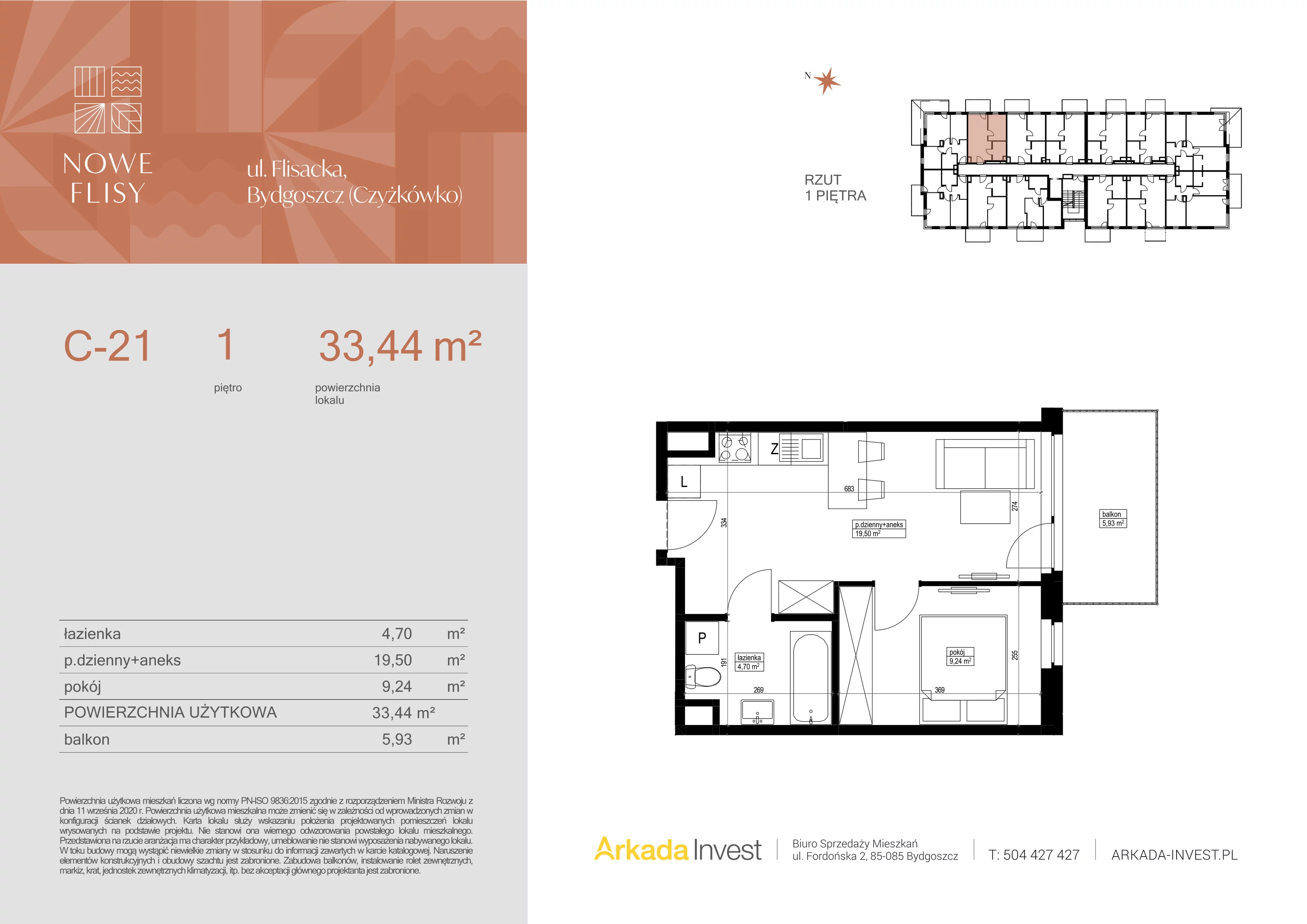2 pokoje, mieszkanie 33,44 m², piętro 1, oferta nr C21, Nowe Flisy - Etap II, Bydgoszcz, Czyżkówko, ul. Flisacka
