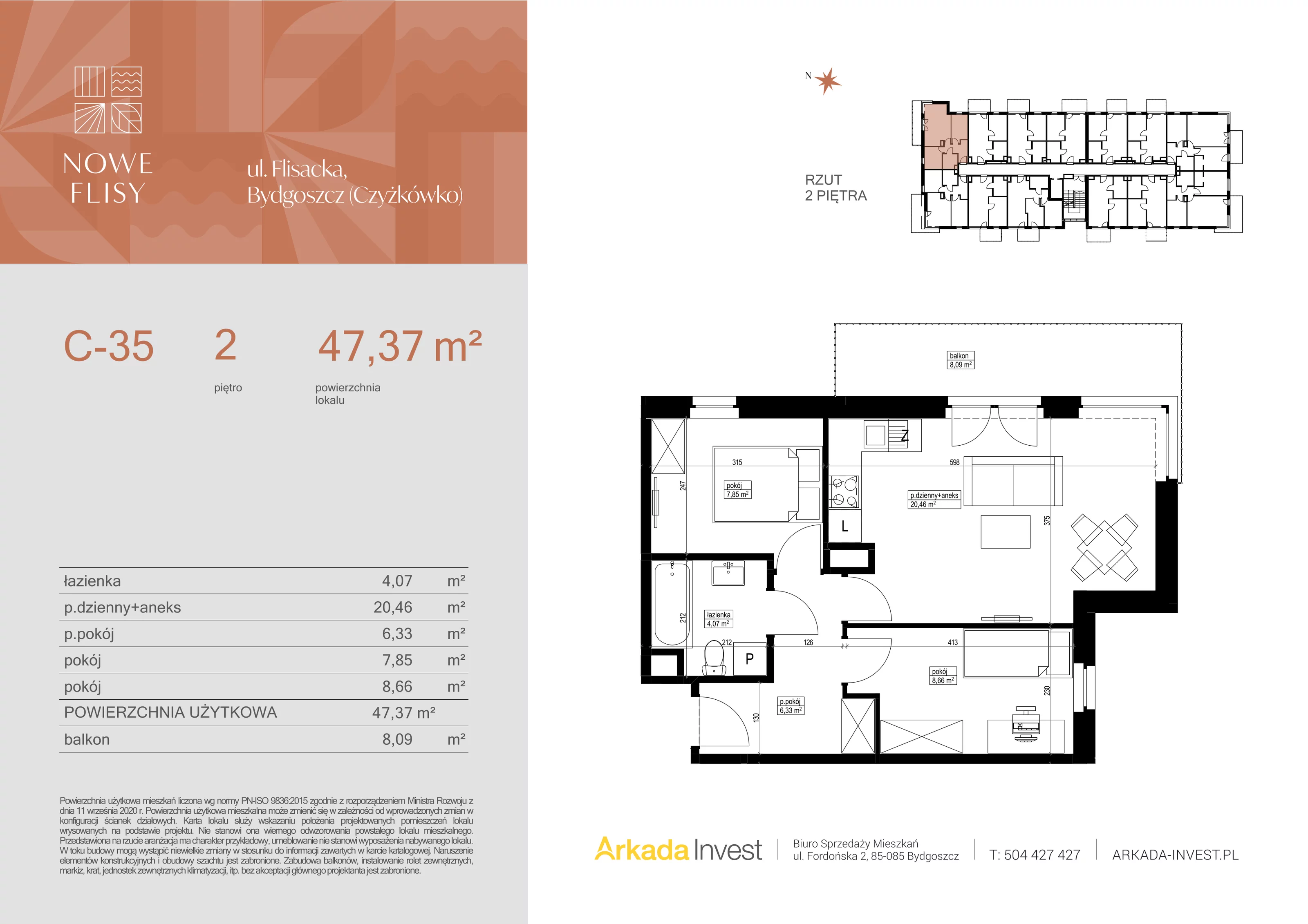 3 pokoje, mieszkanie 47,37 m², piętro 2, oferta nr C35, Nowe Flisy - Etap II, Bydgoszcz, Czyżkówko, ul. Flisacka