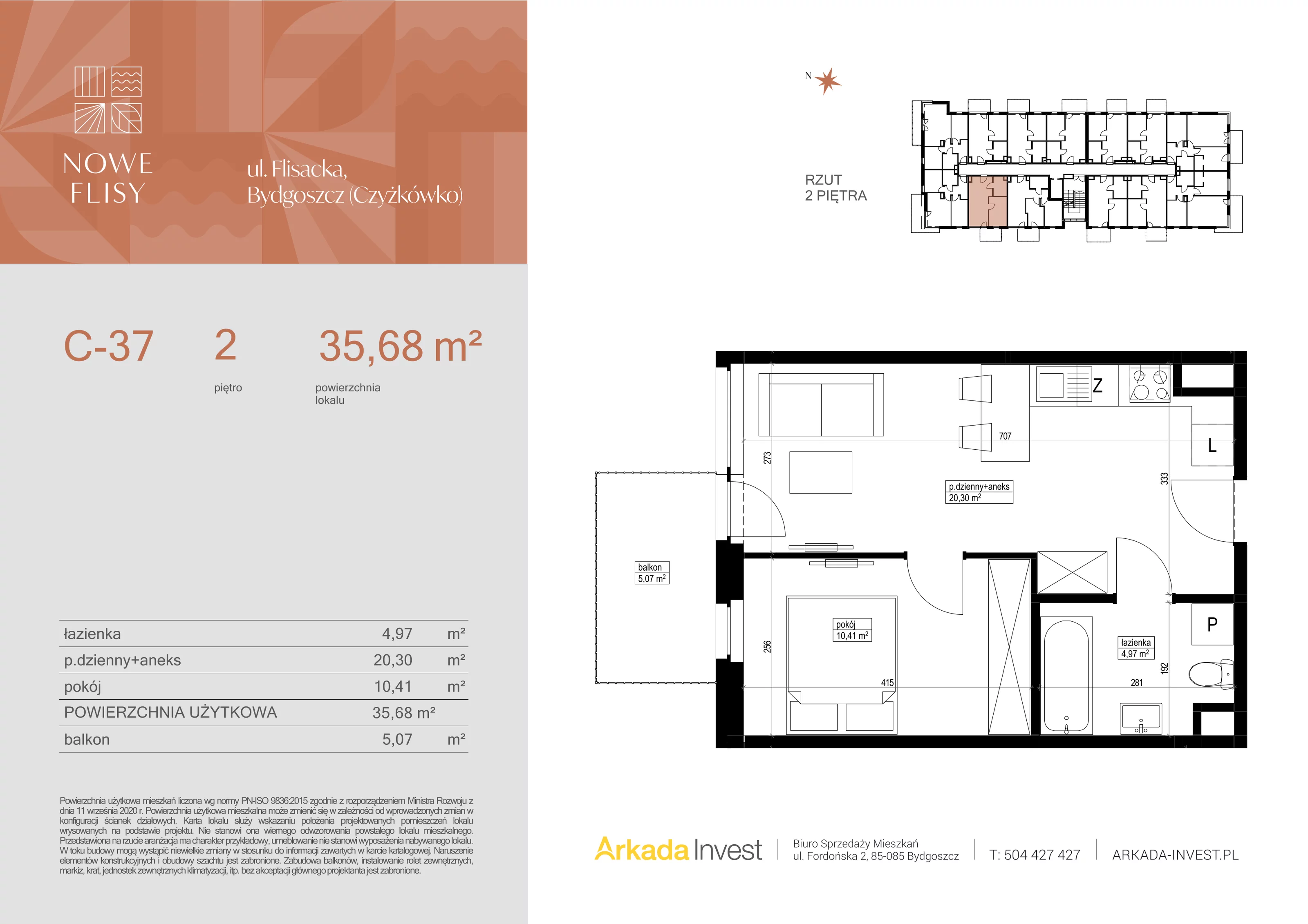 2 pokoje, mieszkanie 35,68 m², piętro 2, oferta nr C37, Nowe Flisy - Etap II, Bydgoszcz, Czyżkówko, ul. Flisacka