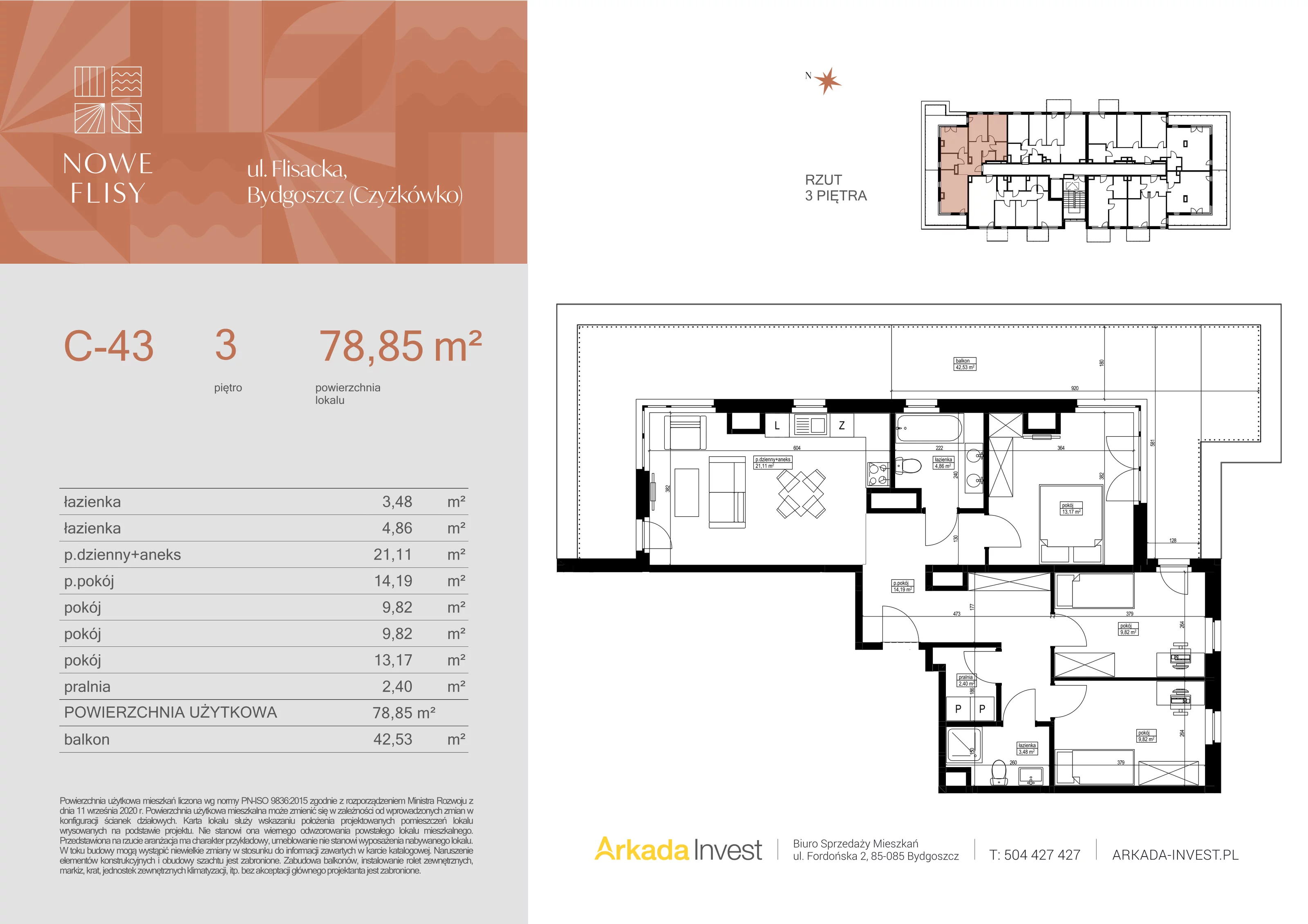 4 pokoje, mieszkanie 78,85 m², piętro 3, oferta nr C43, Nowe Flisy - Etap II, Bydgoszcz, Czyżkówko, ul. Flisacka
