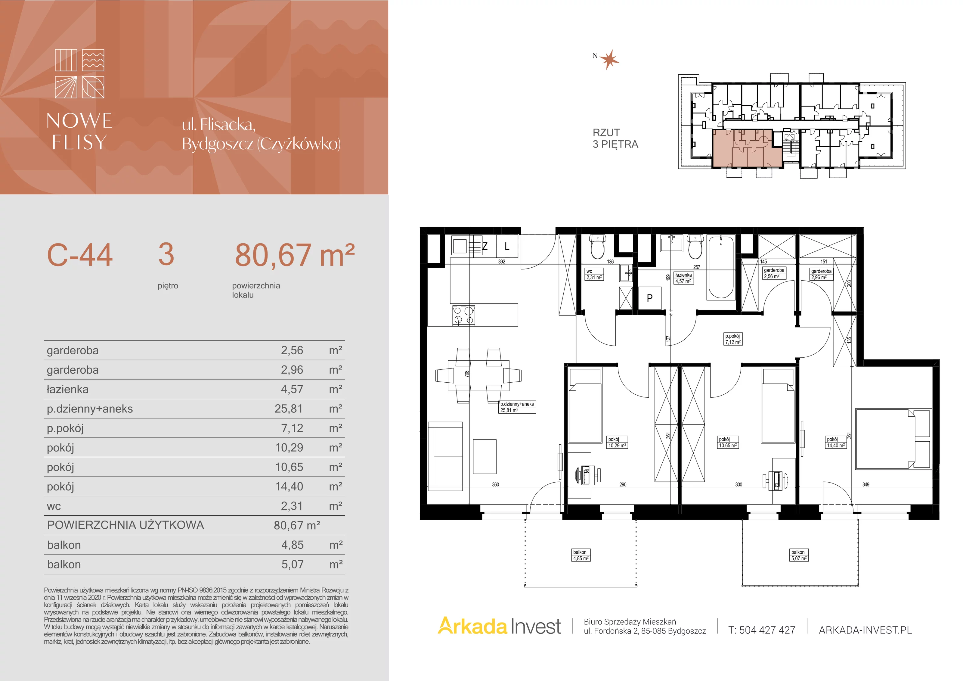 4 pokoje, mieszkanie 80,67 m², piętro 3, oferta nr C44, Nowe Flisy - Etap II, Bydgoszcz, Czyżkówko, ul. Flisacka