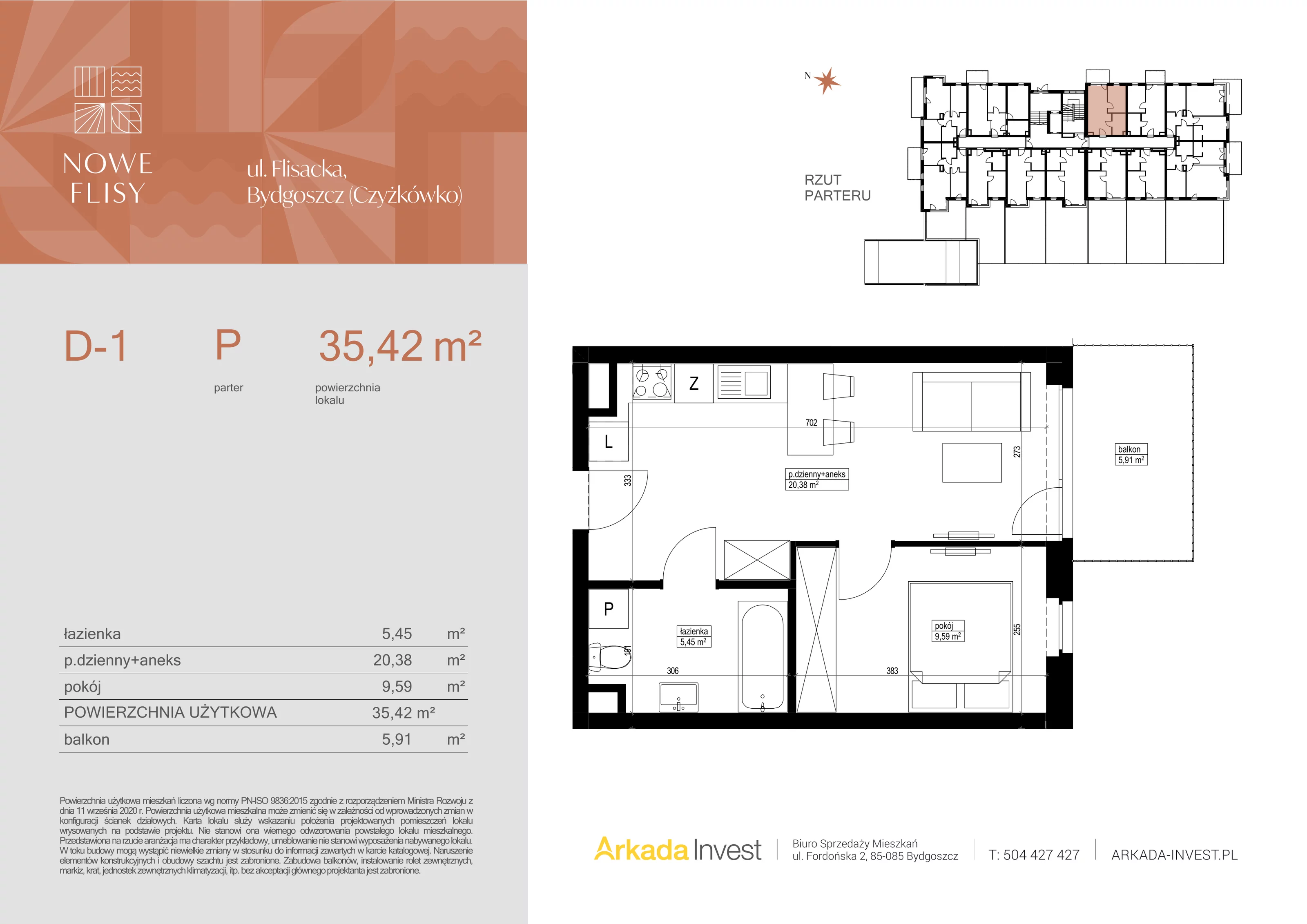 2 pokoje, mieszkanie 35,42 m², parter, oferta nr D1, Nowe Flisy - Etap II, Bydgoszcz, Czyżkówko, ul. Flisacka