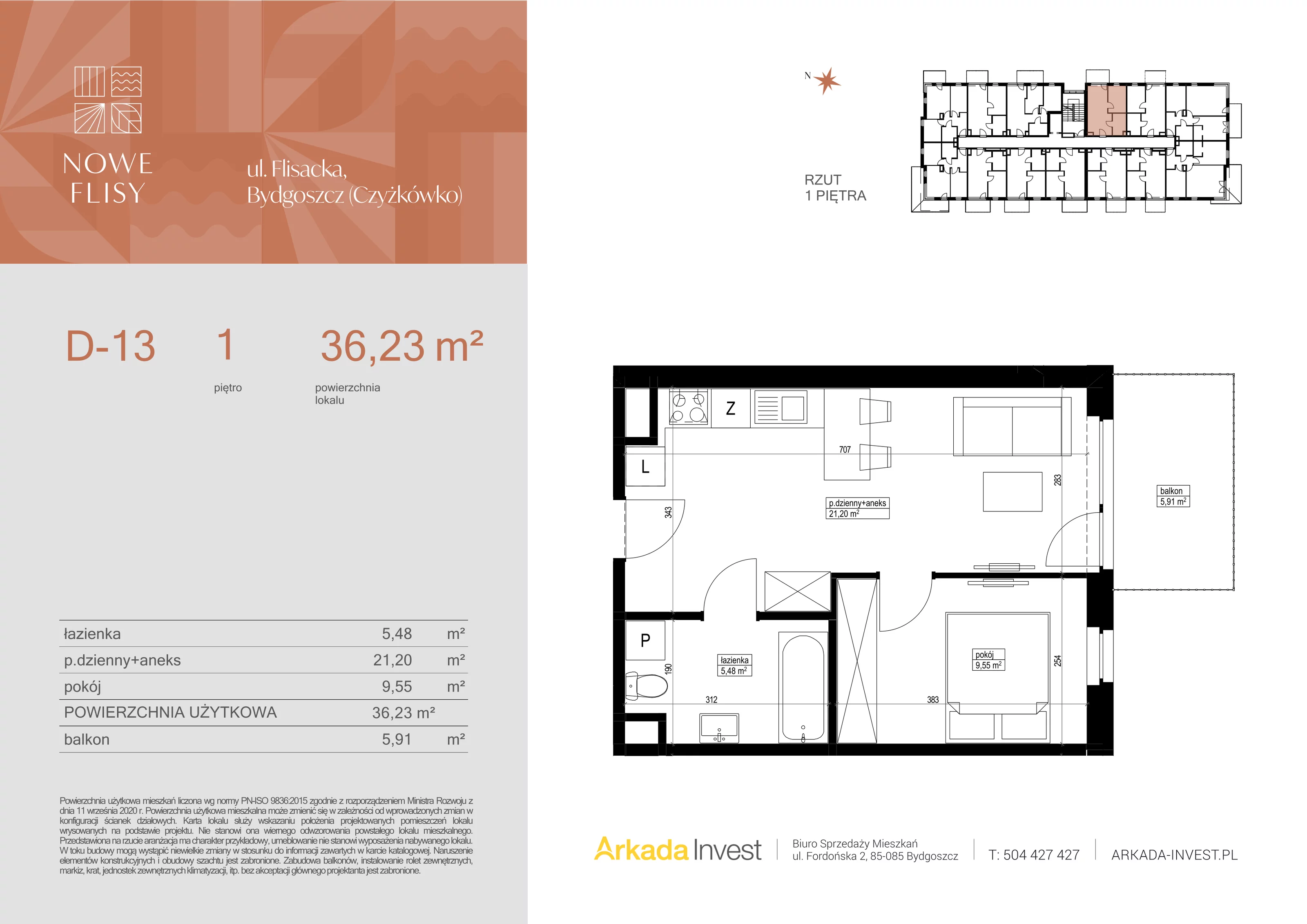 2 pokoje, mieszkanie 36,23 m², piętro 1, oferta nr D13, Nowe Flisy - Etap II, Bydgoszcz, Czyżkówko, ul. Flisacka