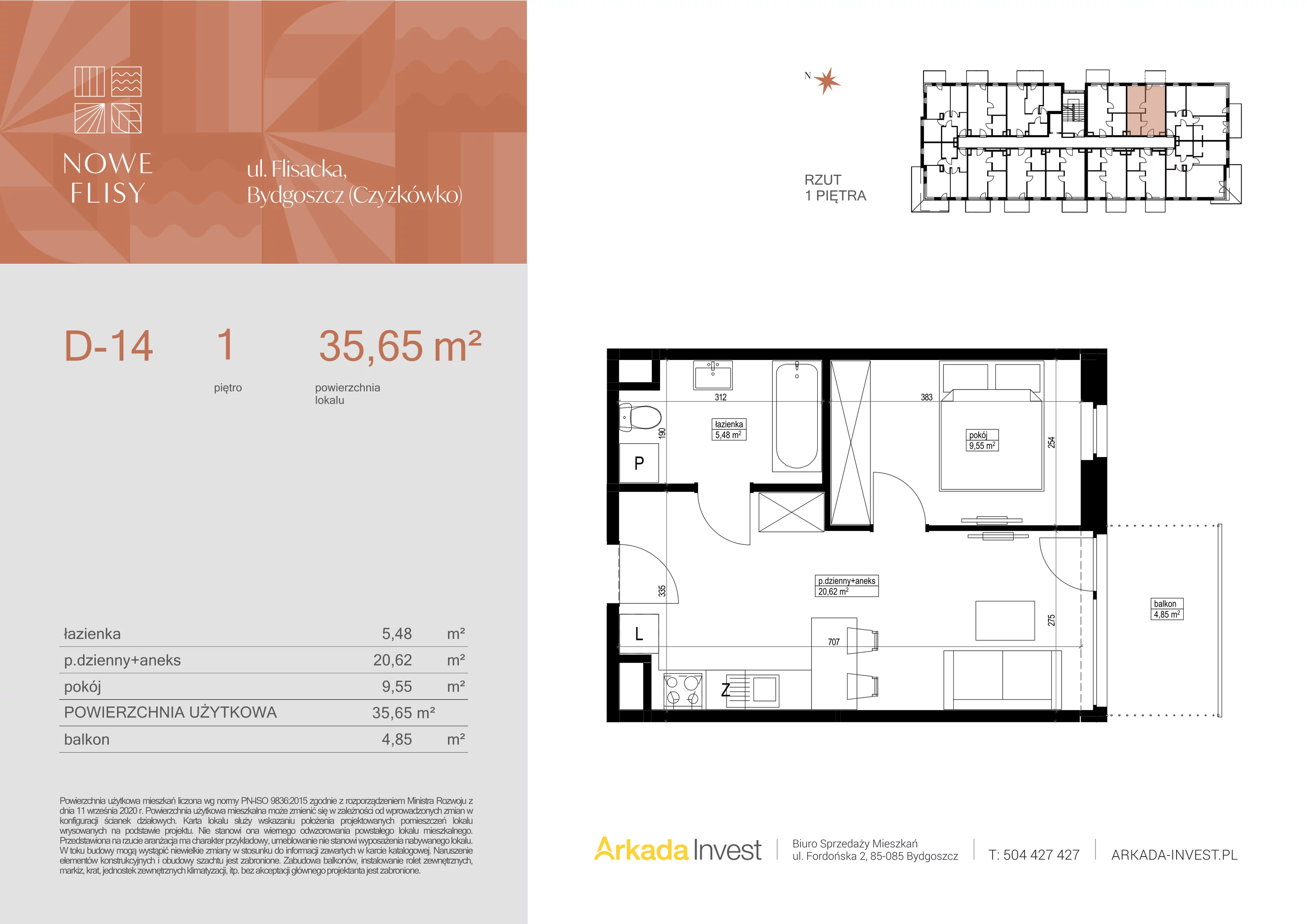 2 pokoje, mieszkanie 35,65 m², piętro 1, oferta nr D14, Nowe Flisy - Etap II, Bydgoszcz, Czyżkówko, ul. Flisacka