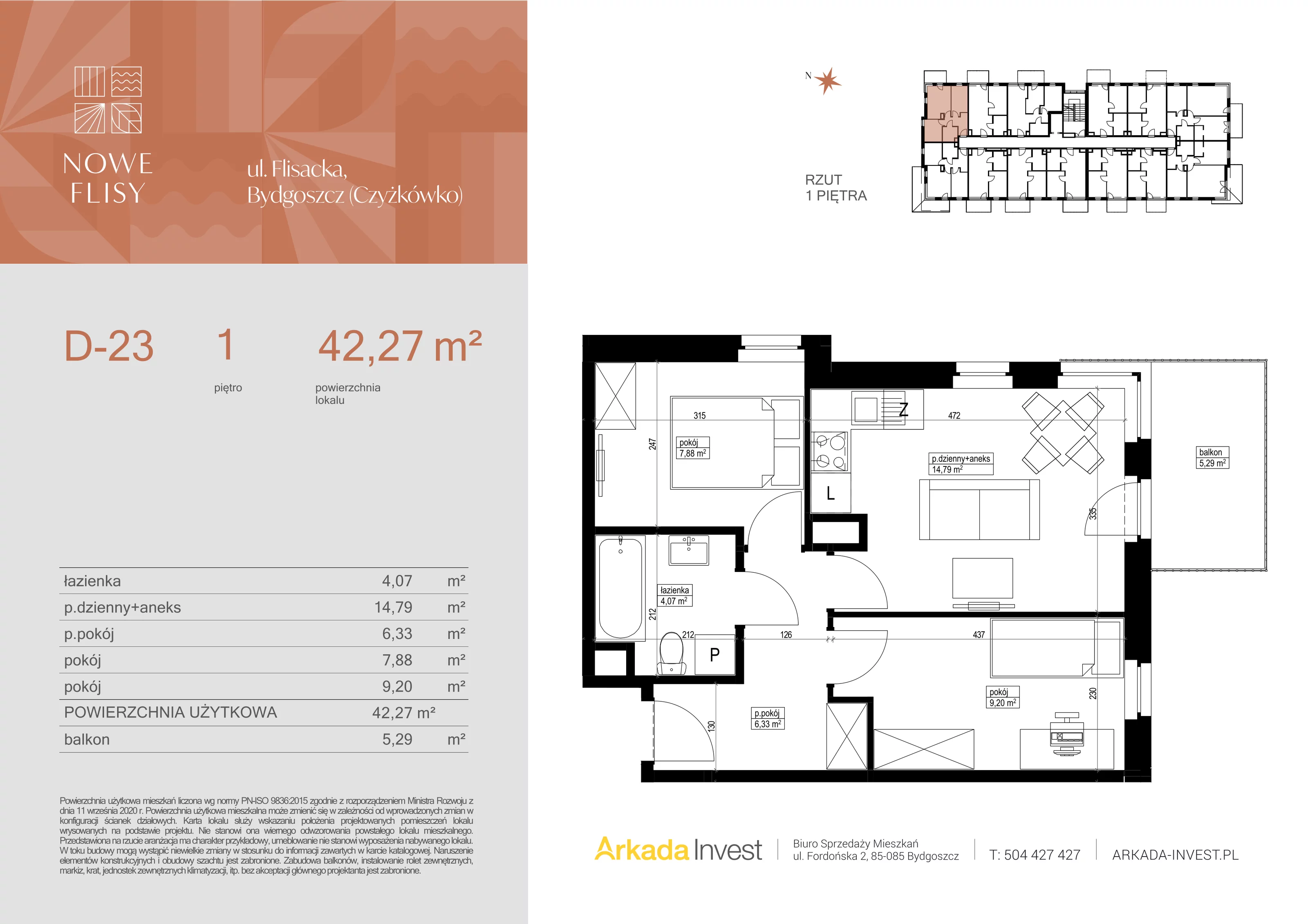 3 pokoje, mieszkanie 42,27 m², piętro 1, oferta nr D23, Nowe Flisy - Etap II, Bydgoszcz, Czyżkówko, ul. Flisacka
