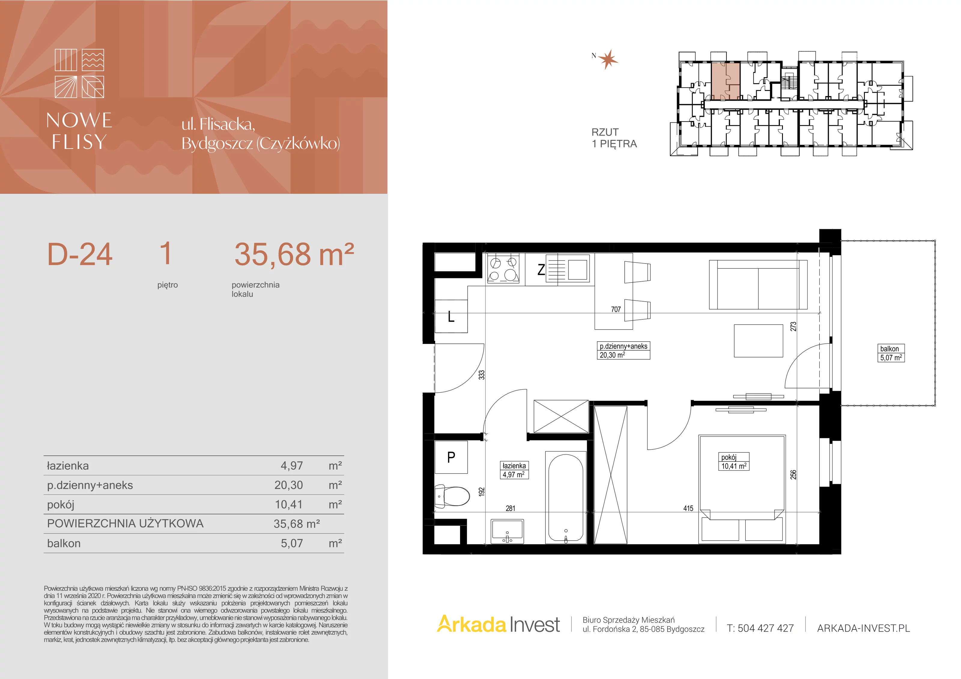 3 pokoje, mieszkanie 35,68 m², piętro 1, oferta nr D24, Nowe Flisy - Etap II, Bydgoszcz, Czyżkówko, ul. Flisacka