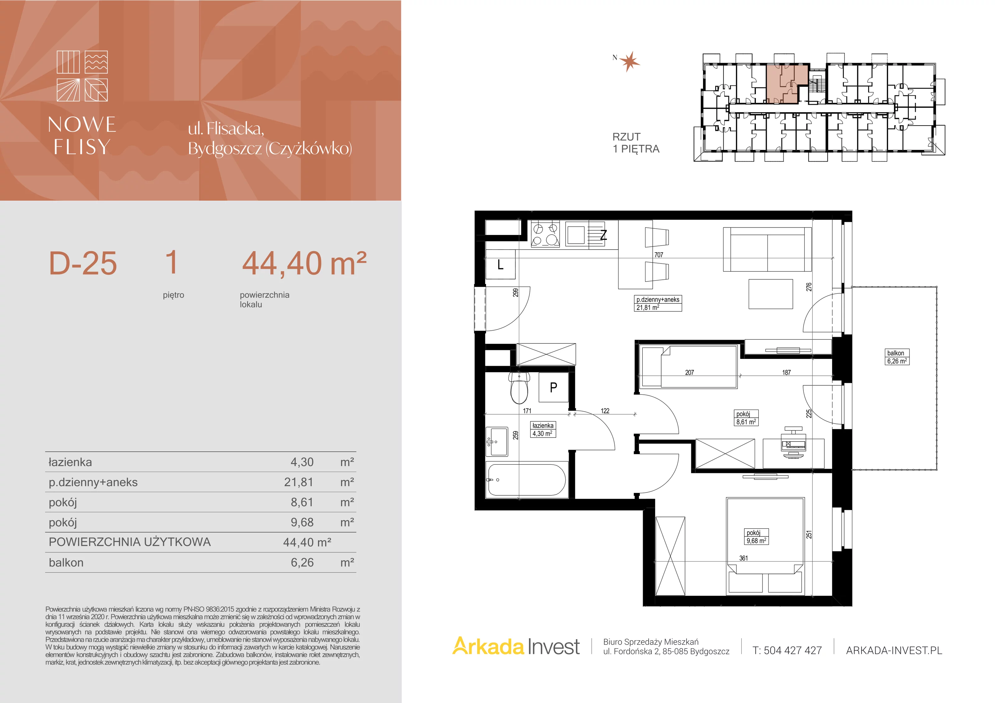 3 pokoje, mieszkanie 44,40 m², piętro 1, oferta nr D25, Nowe Flisy - Etap II, Bydgoszcz, Czyżkówko, ul. Flisacka