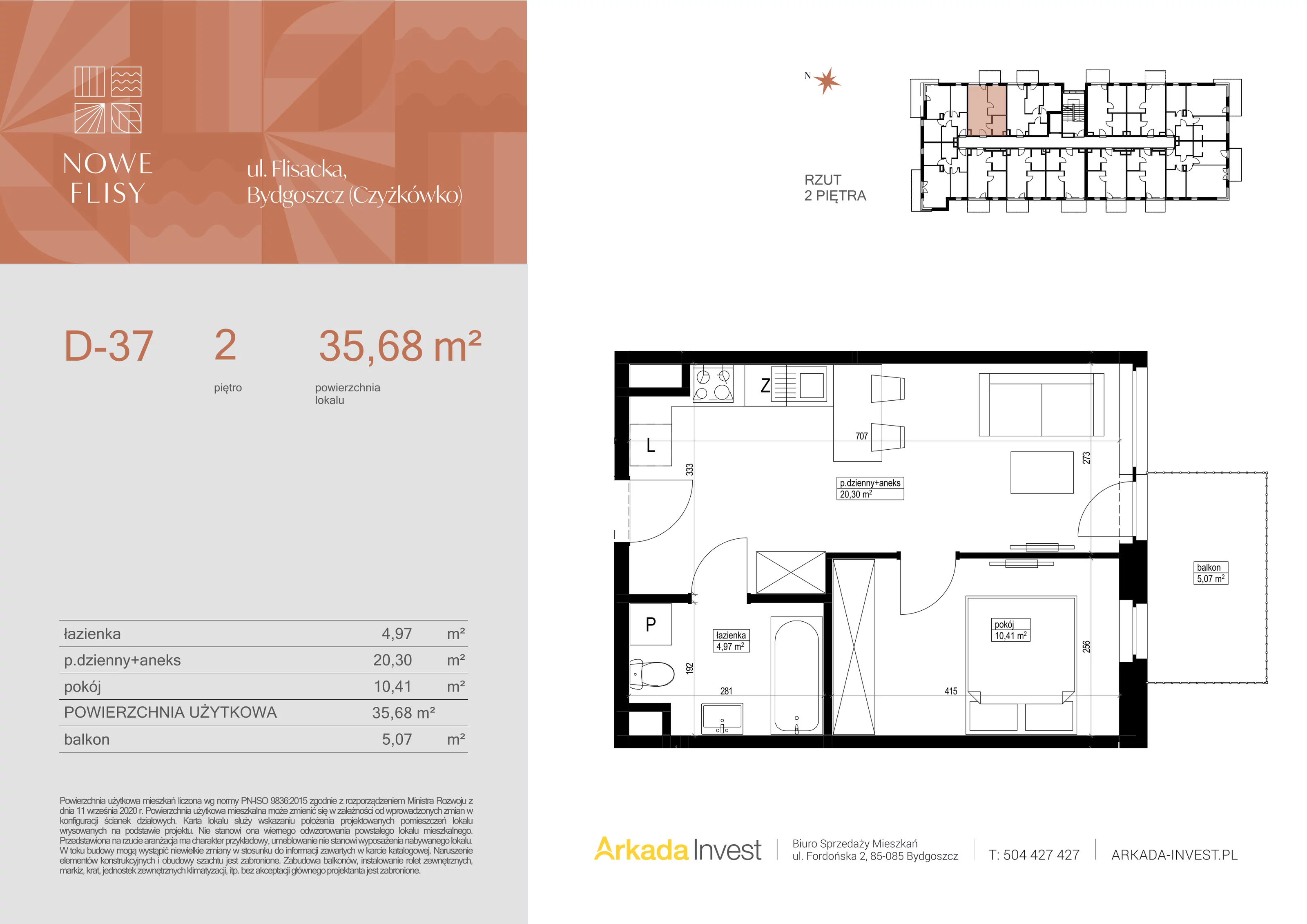 2 pokoje, mieszkanie 35,68 m², piętro 2, oferta nr D37, Nowe Flisy - Etap II, Bydgoszcz, Czyżkówko, ul. Flisacka