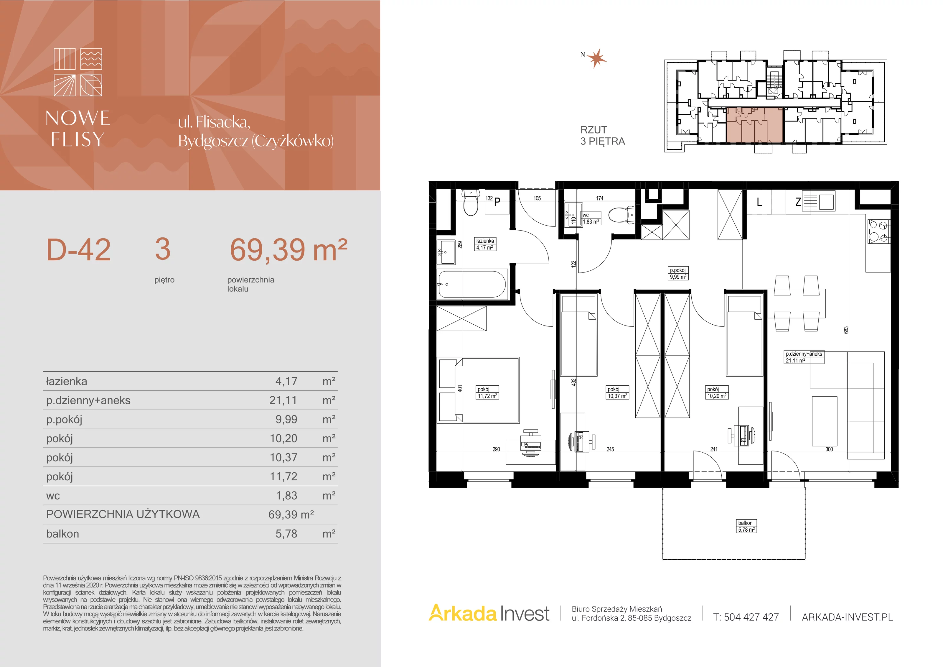 4 pokoje, mieszkanie 69,39 m², piętro 3, oferta nr D42, Nowe Flisy - Etap II, Bydgoszcz, Czyżkówko, ul. Flisacka