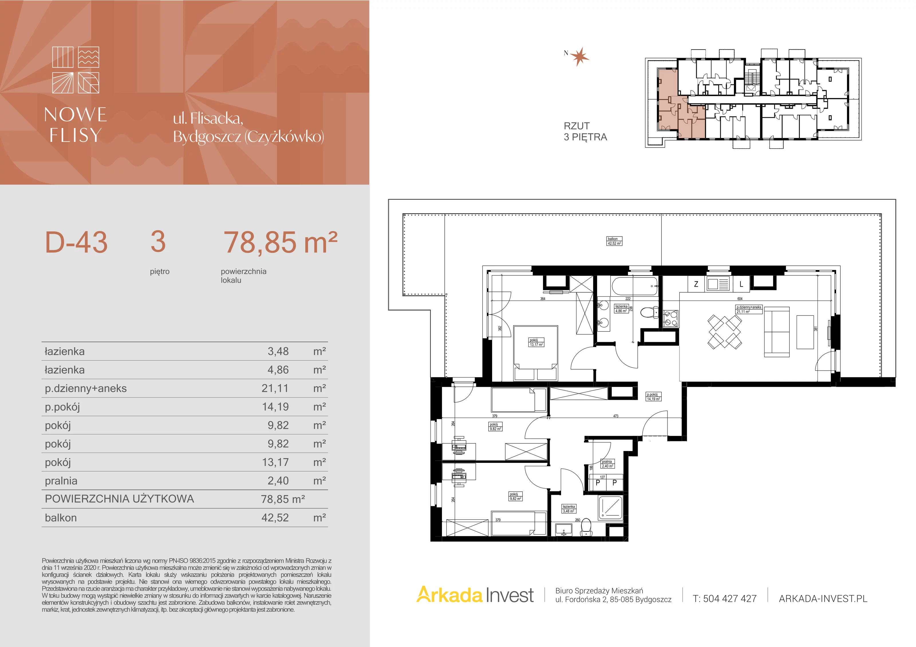 4 pokoje, mieszkanie 78,85 m², piętro 3, oferta nr D43, Nowe Flisy - Etap II, Bydgoszcz, Czyżkówko, ul. Flisacka