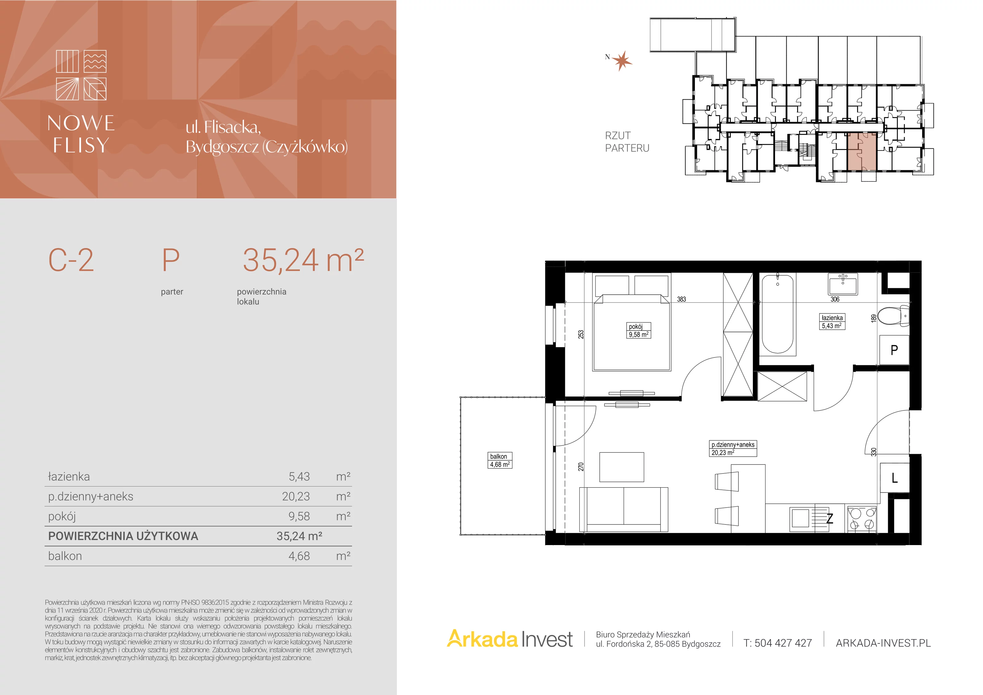 2 pokoje, mieszkanie 35,24 m², parter, oferta nr C2, Nowe Flisy - Etap II, Bydgoszcz, Czyżkówko, ul. Flisacka