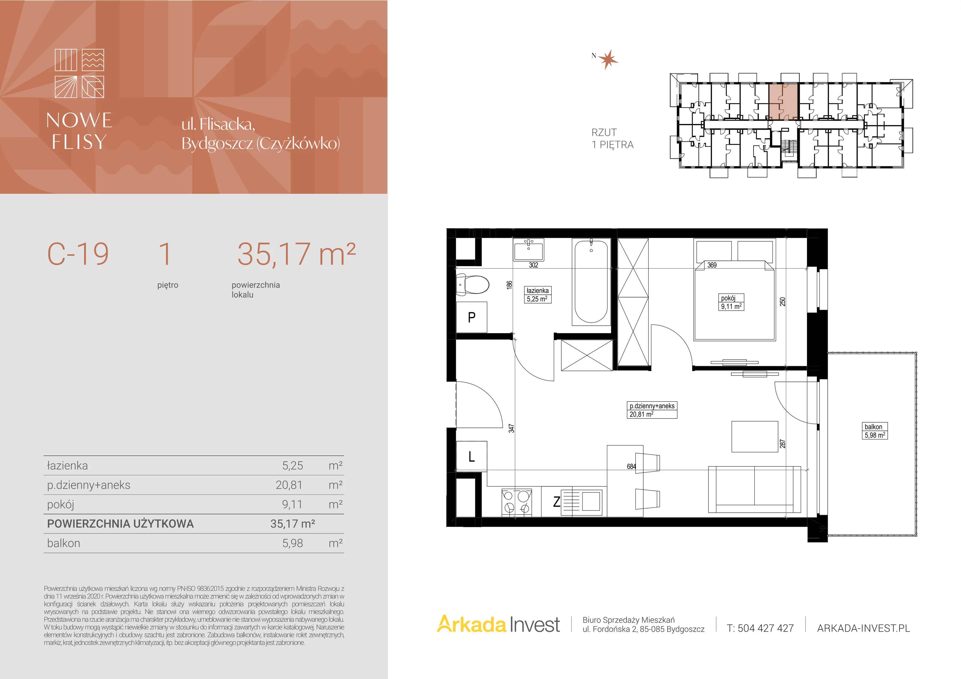 2 pokoje, mieszkanie 35,17 m², piętro 1, oferta nr C19, Nowe Flisy - Etap II, Bydgoszcz, Czyżkówko, ul. Flisacka