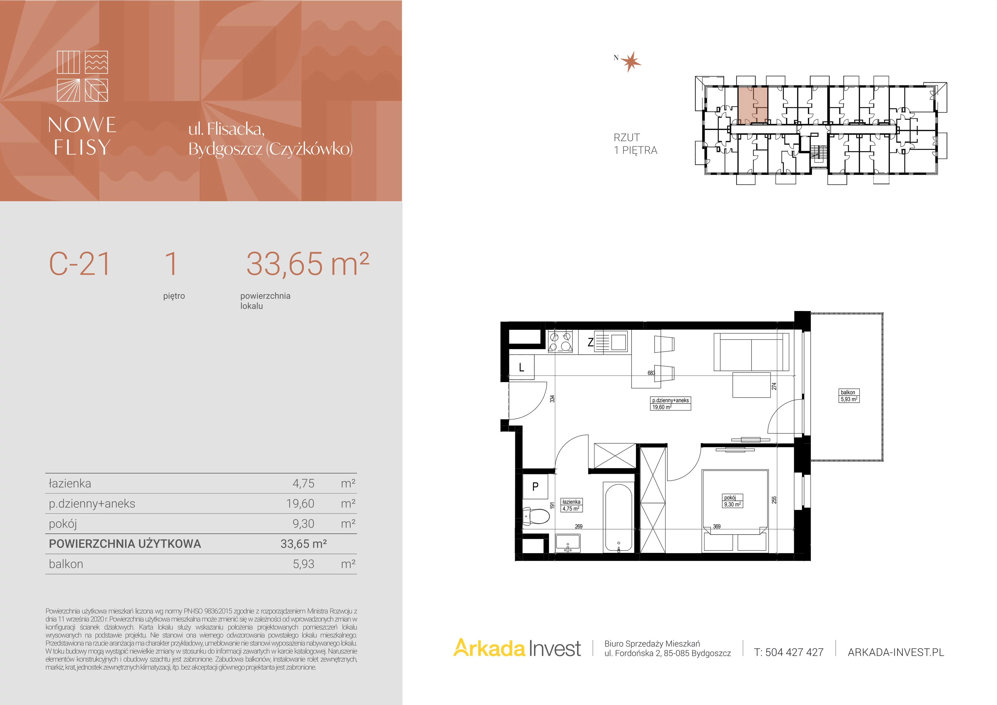 2 pokoje, mieszkanie 33,65 m², piętro 1, oferta nr C21, Nowe Flisy - Etap II, Bydgoszcz, Czyżkówko, ul. Flisacka