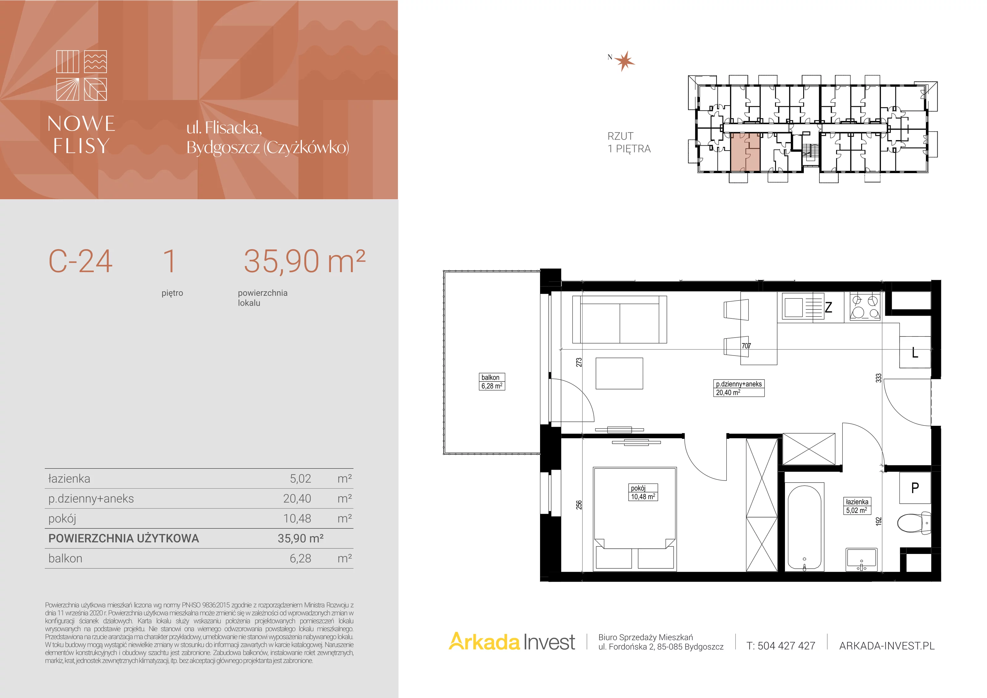 3 pokoje, mieszkanie 35,90 m², piętro 1, oferta nr C24, Nowe Flisy - Etap II, Bydgoszcz, Czyżkówko, ul. Flisacka