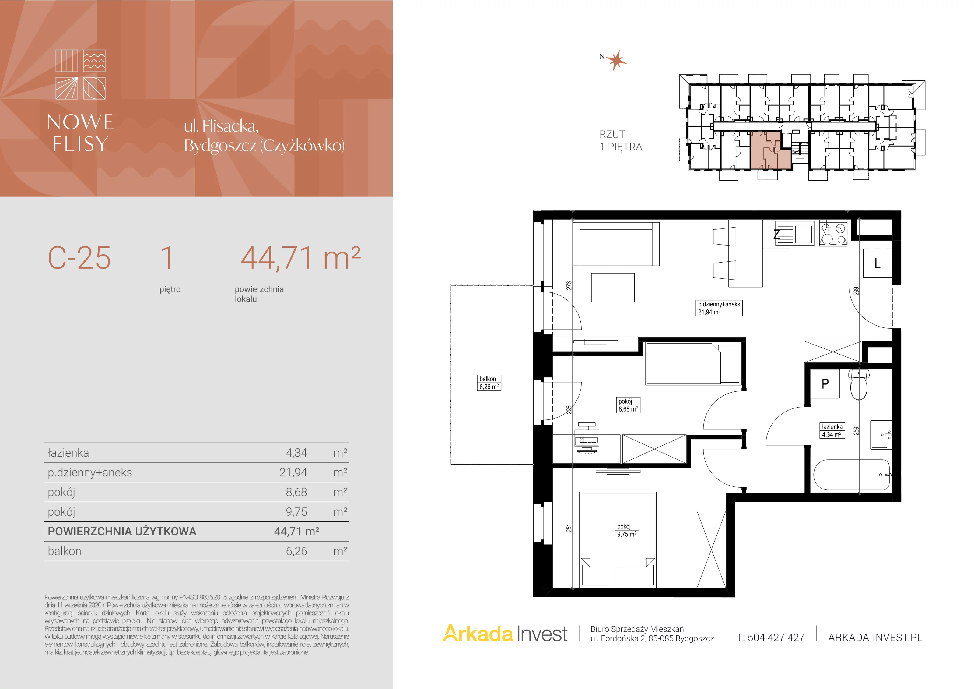 3 pokoje, mieszkanie 44,71 m², piętro 1, oferta nr C25, Nowe Flisy - Etap II, Bydgoszcz, Czyżkówko, ul. Flisacka