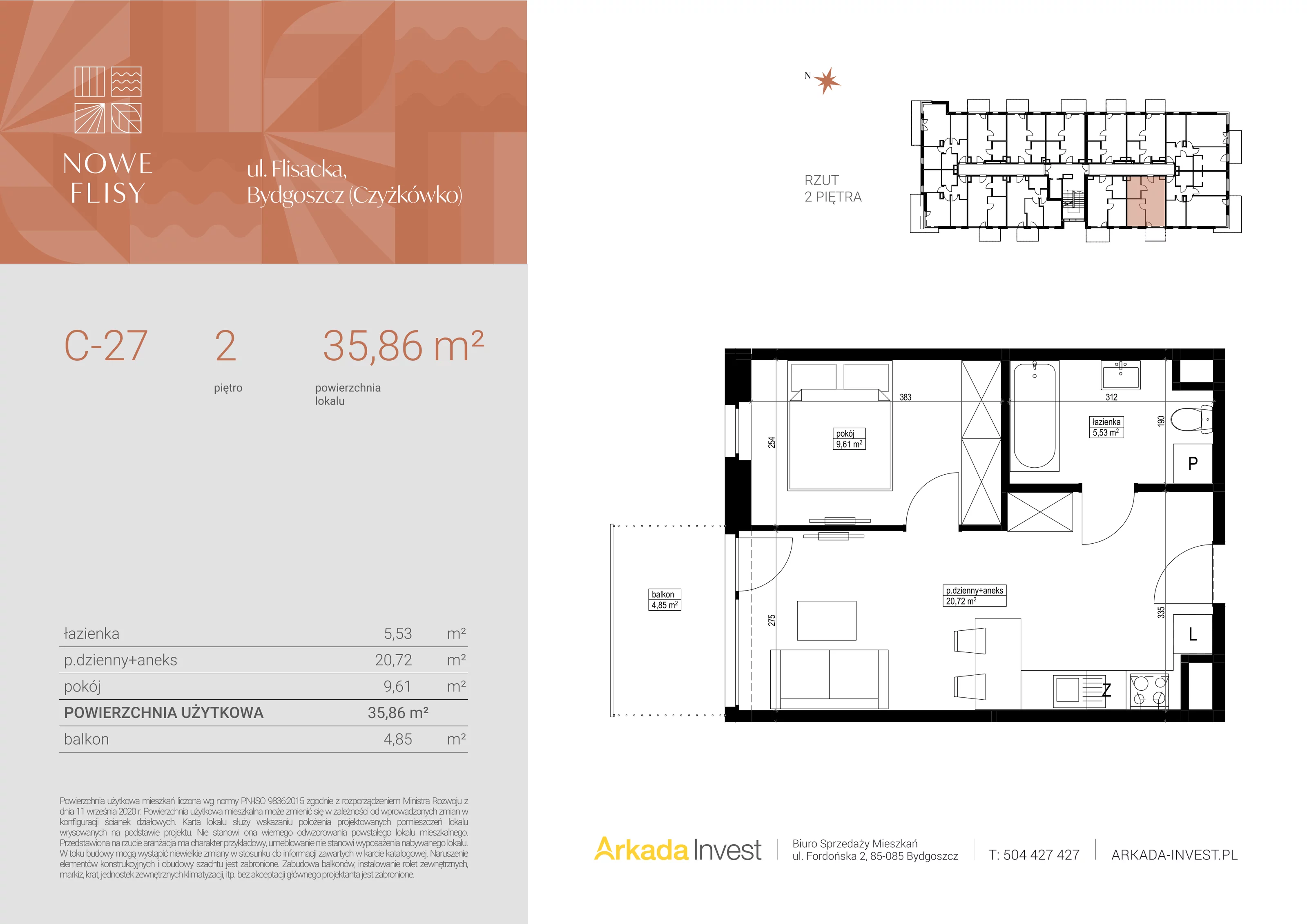 2 pokoje, mieszkanie 35,86 m², piętro 2, oferta nr C27, Nowe Flisy - Etap II, Bydgoszcz, Czyżkówko, ul. Flisacka