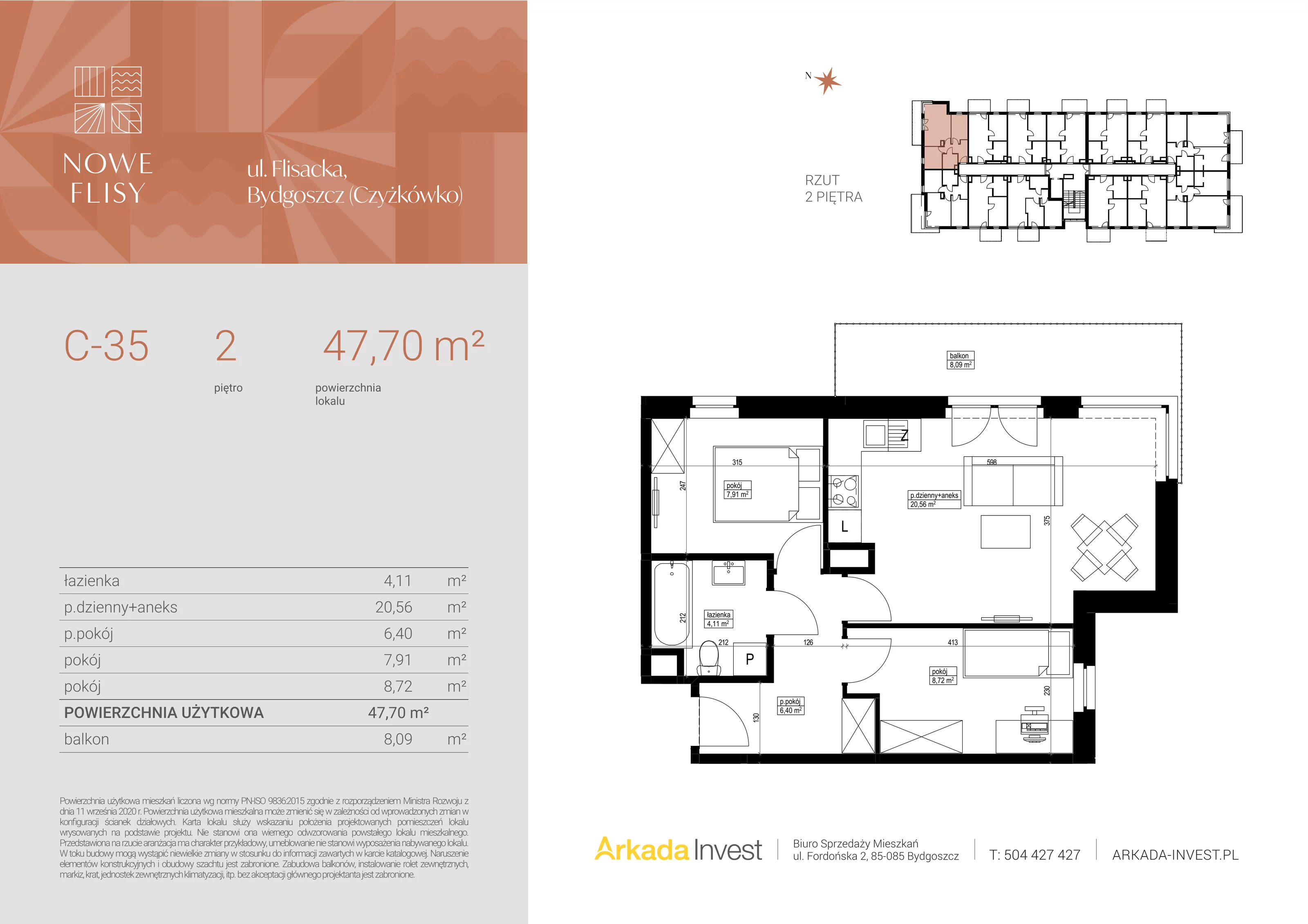 3 pokoje, mieszkanie 47,70 m², piętro 2, oferta nr C35, Nowe Flisy - Etap II, Bydgoszcz, Czyżkówko, ul. Flisacka