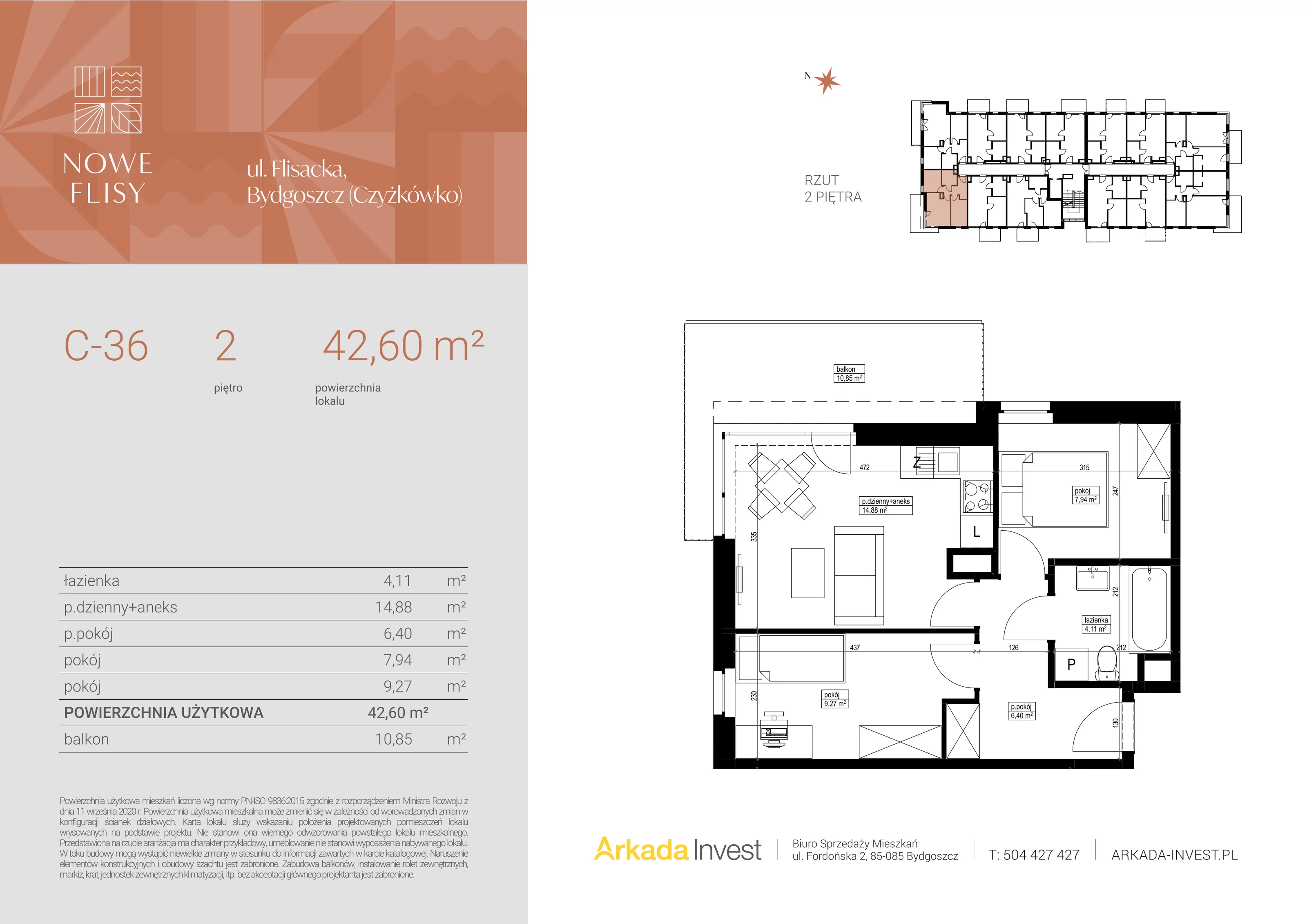 3 pokoje, mieszkanie 42,60 m², piętro 2, oferta nr C36, Nowe Flisy - Etap II, Bydgoszcz, Czyżkówko, ul. Flisacka