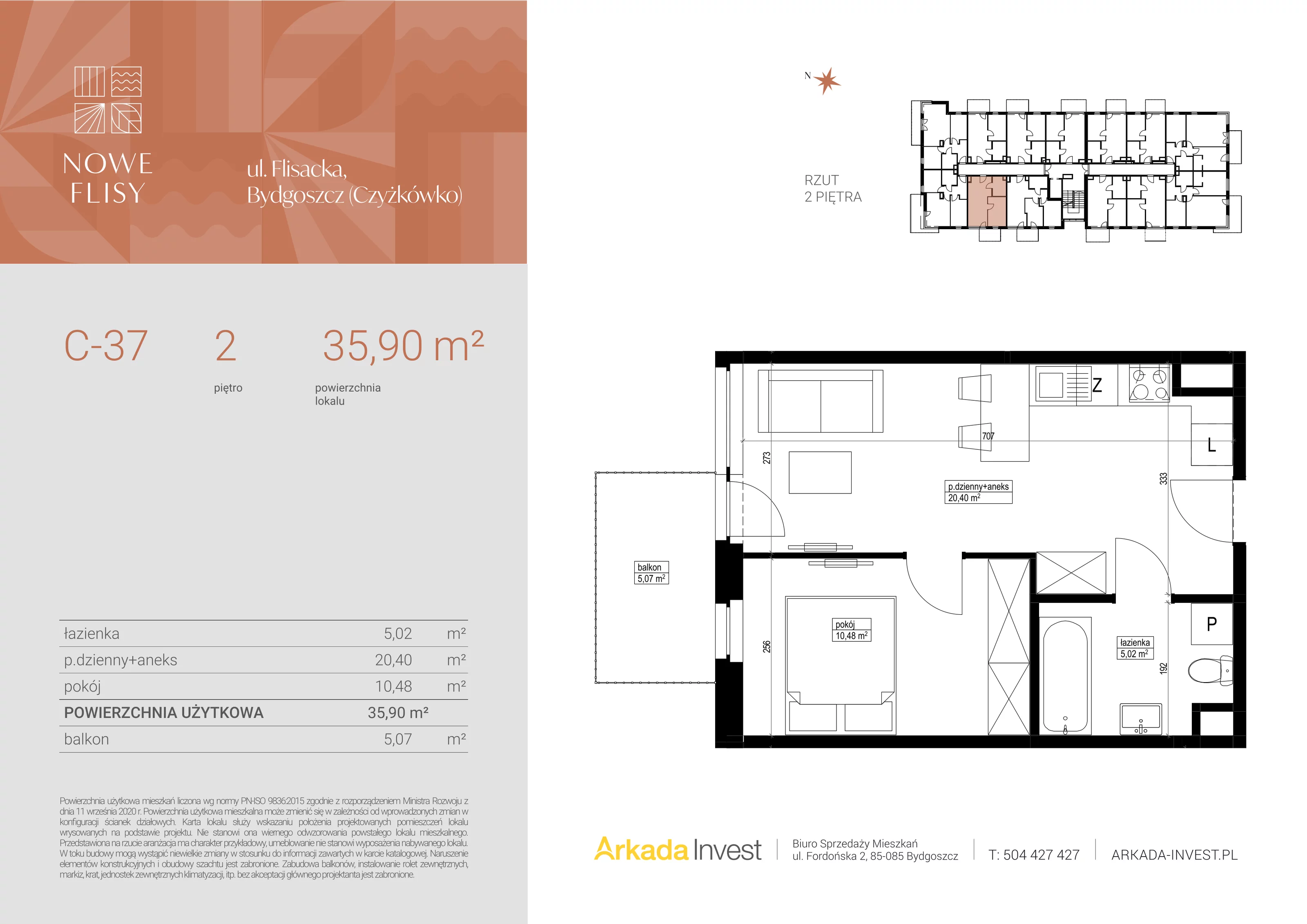 2 pokoje, mieszkanie 35,90 m², piętro 2, oferta nr C37, Nowe Flisy - Etap II, Bydgoszcz, Czyżkówko, ul. Flisacka