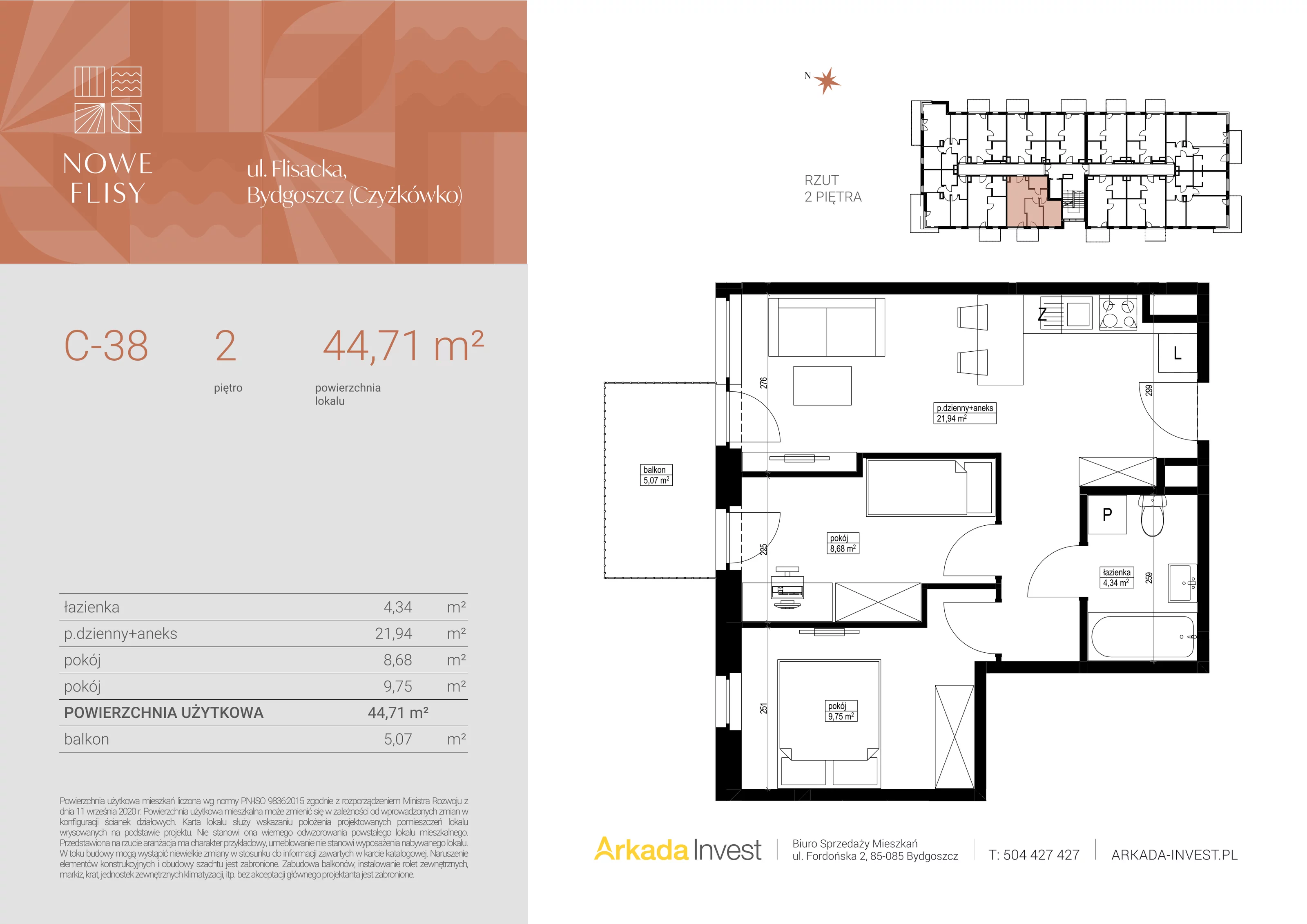 3 pokoje, mieszkanie 44,71 m², piętro 2, oferta nr C38, Nowe Flisy - Etap II, Bydgoszcz, Czyżkówko, ul. Flisacka