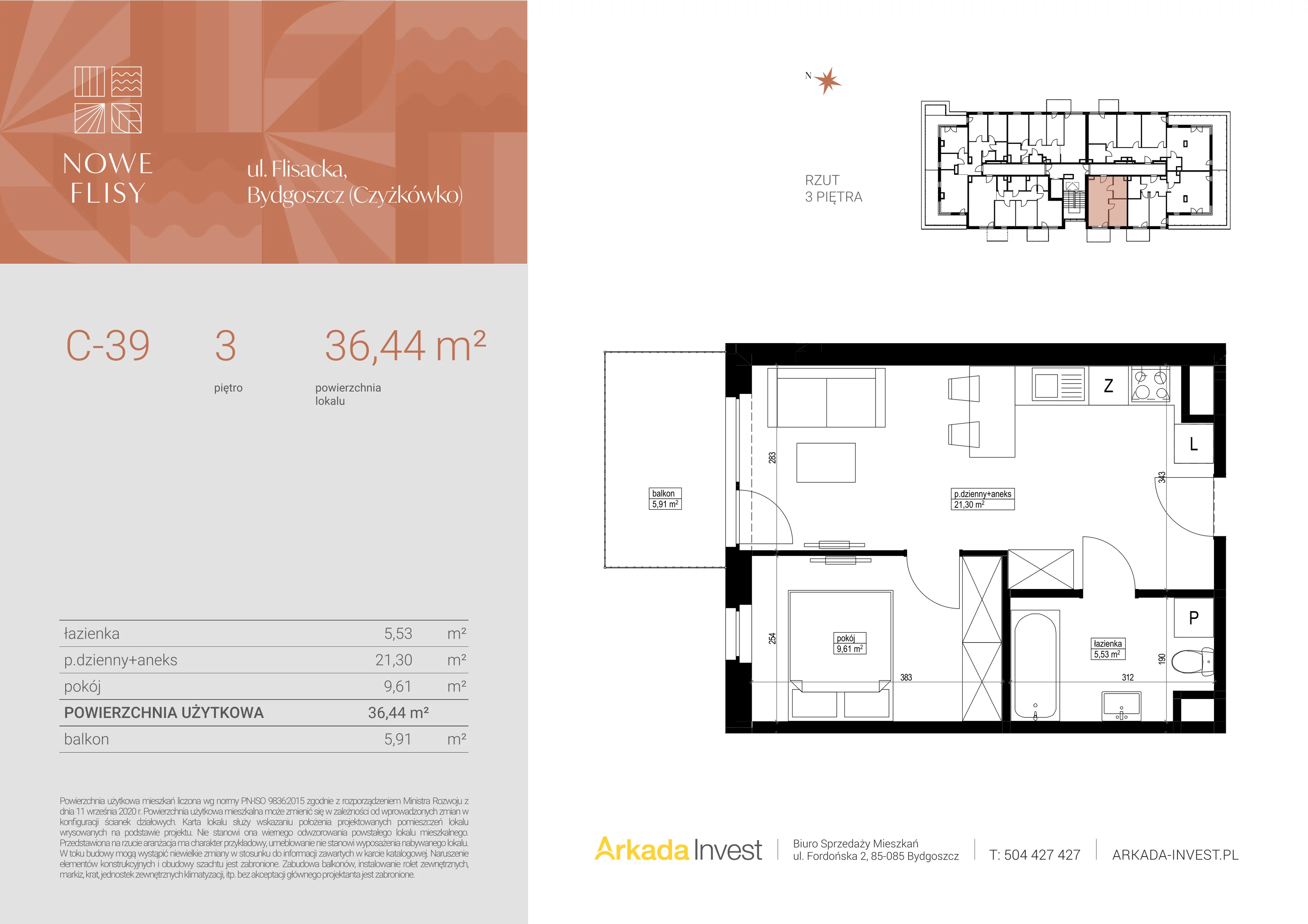 2 pokoje, mieszkanie 36,44 m², piętro 3, oferta nr C39, Nowe Flisy - Etap II, Bydgoszcz, Czyżkówko, ul. Flisacka