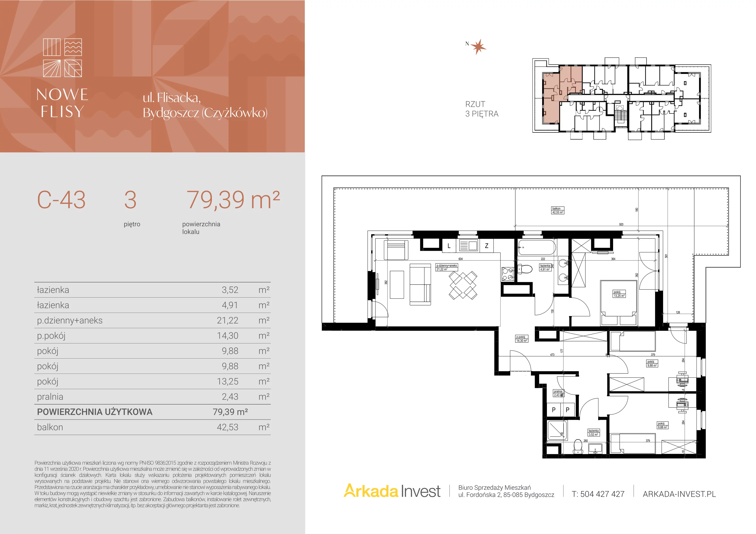 4 pokoje, mieszkanie 79,39 m², piętro 3, oferta nr C43, Nowe Flisy - Etap II, Bydgoszcz, Czyżkówko, ul. Flisacka