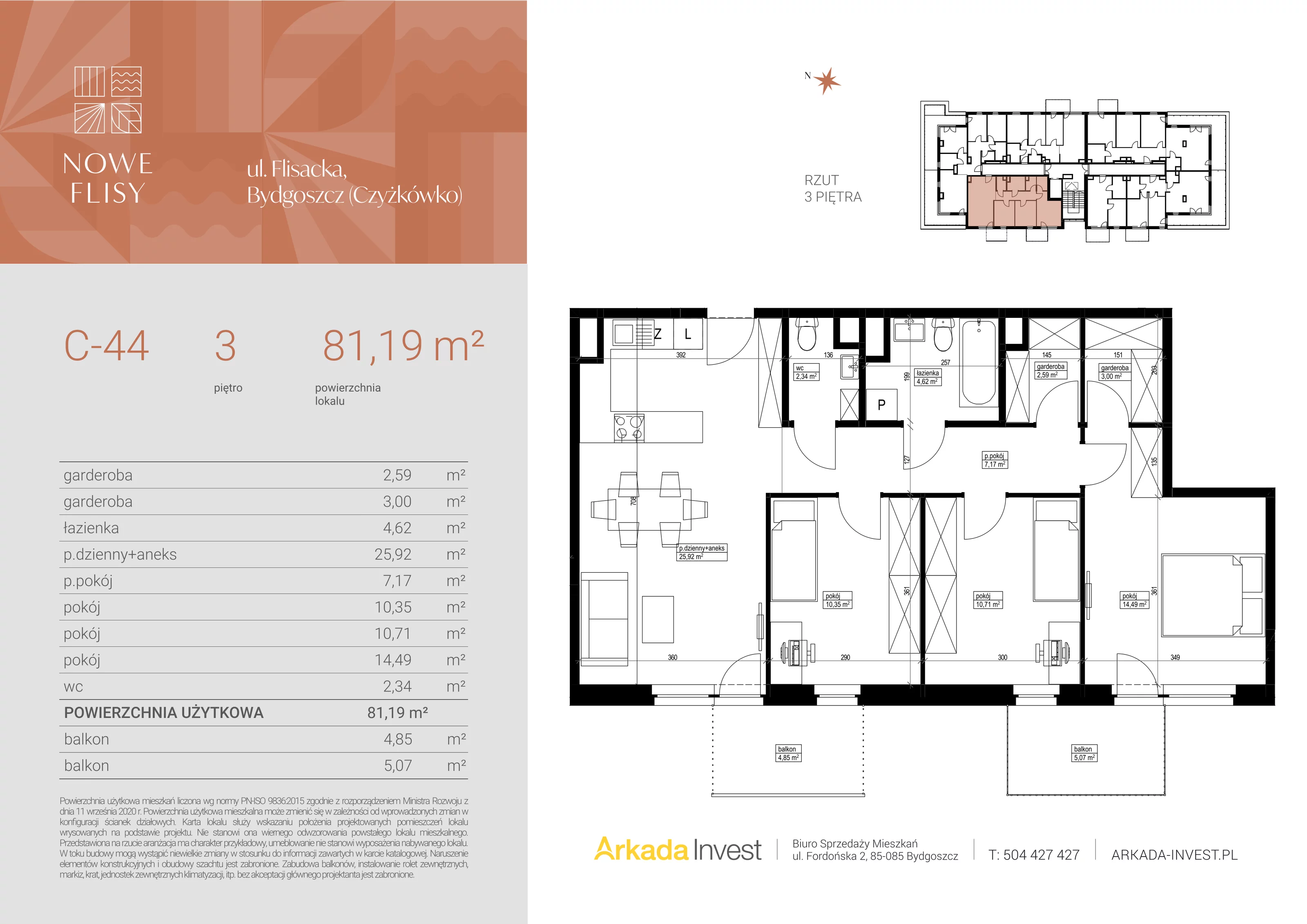 4 pokoje, mieszkanie 81,19 m², piętro 3, oferta nr C44, Nowe Flisy - Etap II, Bydgoszcz, Czyżkówko, ul. Flisacka