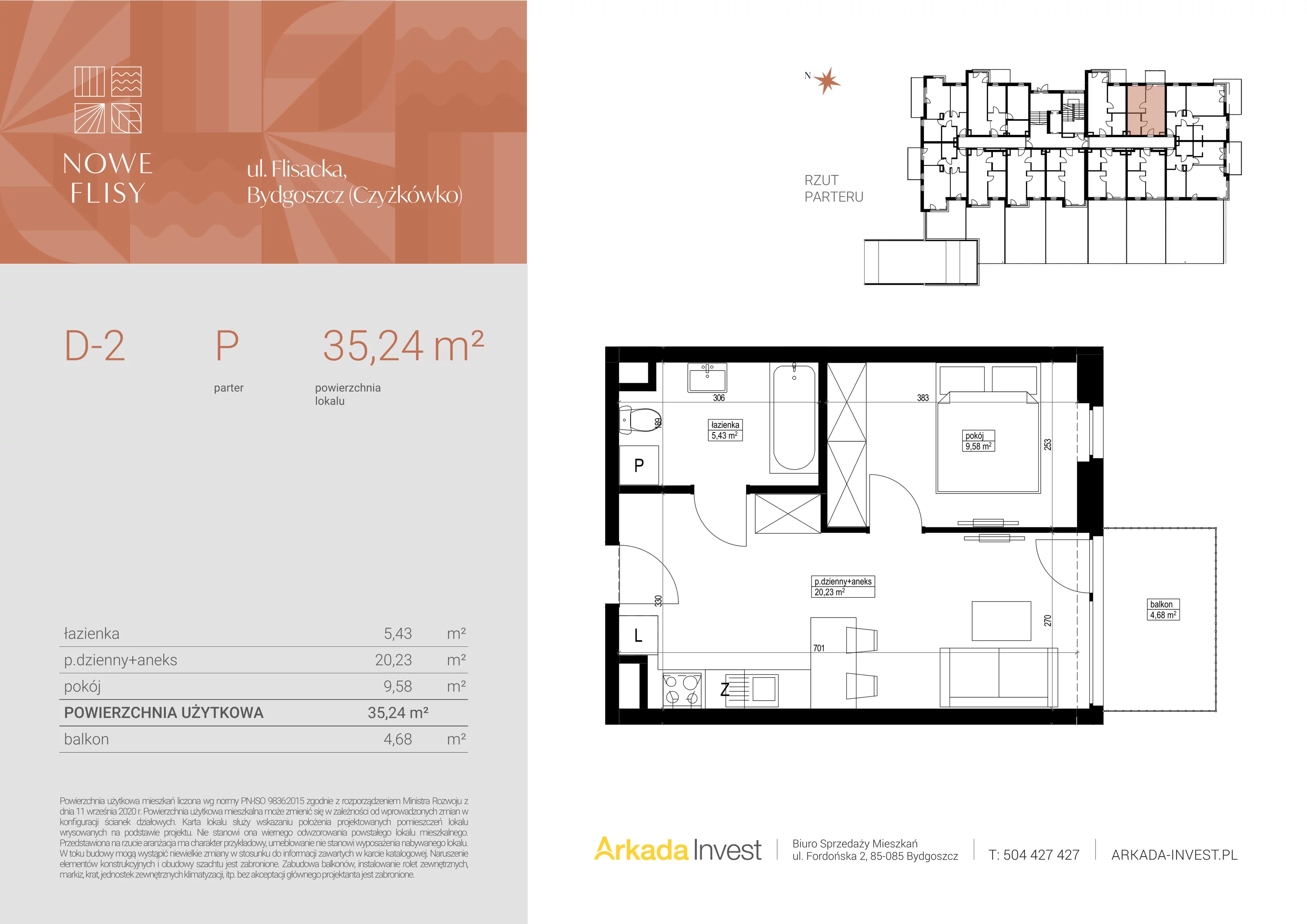 2 pokoje, mieszkanie 35,25 m², parter, oferta nr D2, Nowe Flisy - Etap II, Bydgoszcz, Czyżkówko, ul. Flisacka