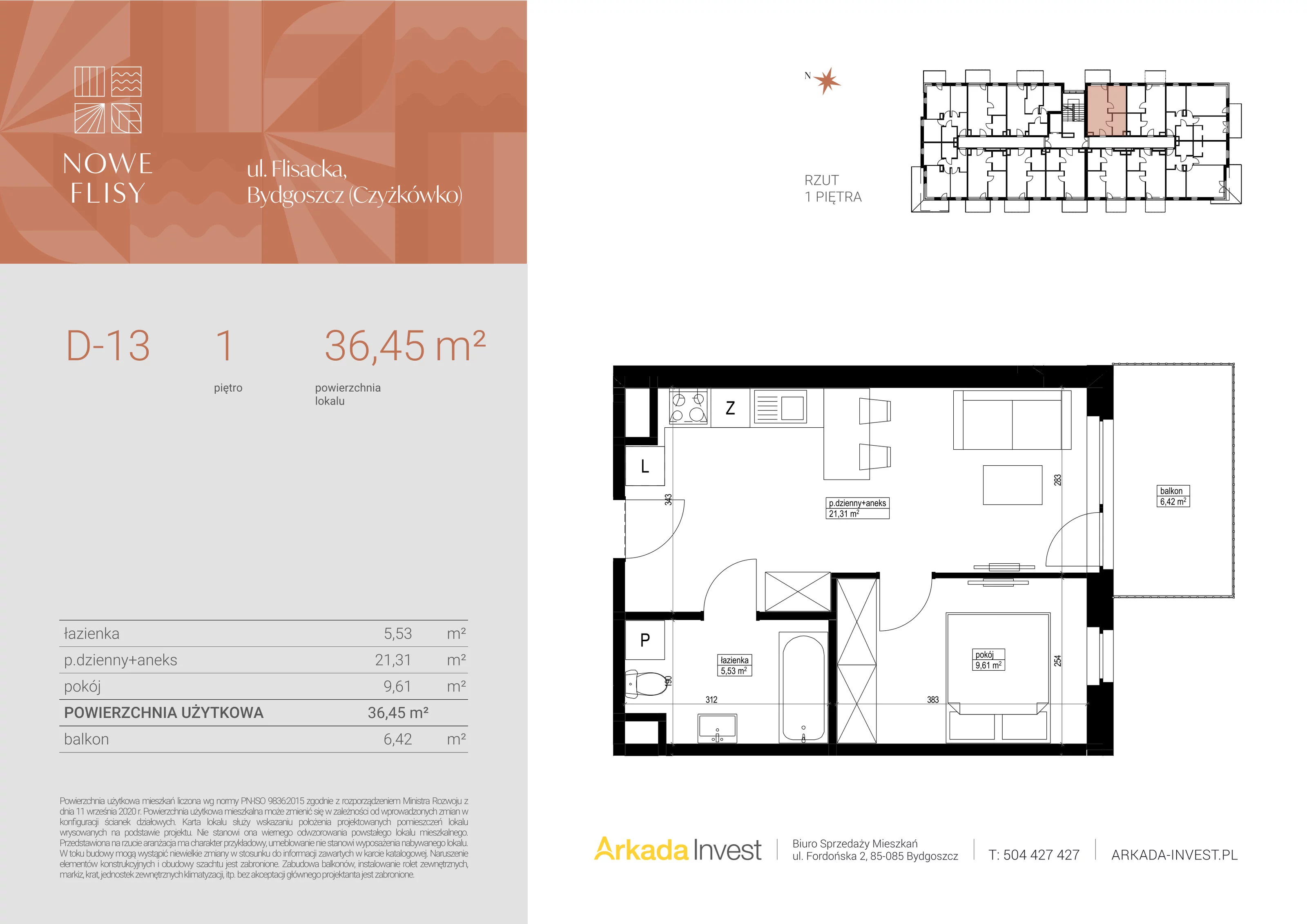 2 pokoje, mieszkanie 36,45 m², piętro 1, oferta nr D13, Nowe Flisy - Etap II, Bydgoszcz, Czyżkówko, ul. Flisacka